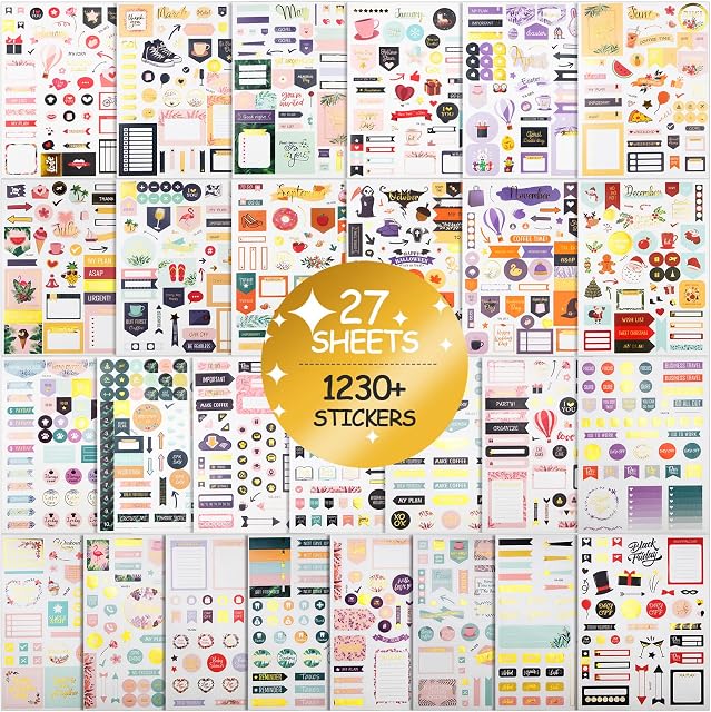27 Sheets Gold Foil Planner Stickers with Multiple Colors Assorted Themes and Designs, 1296 PCS Journal Stickers for Planners Calendar