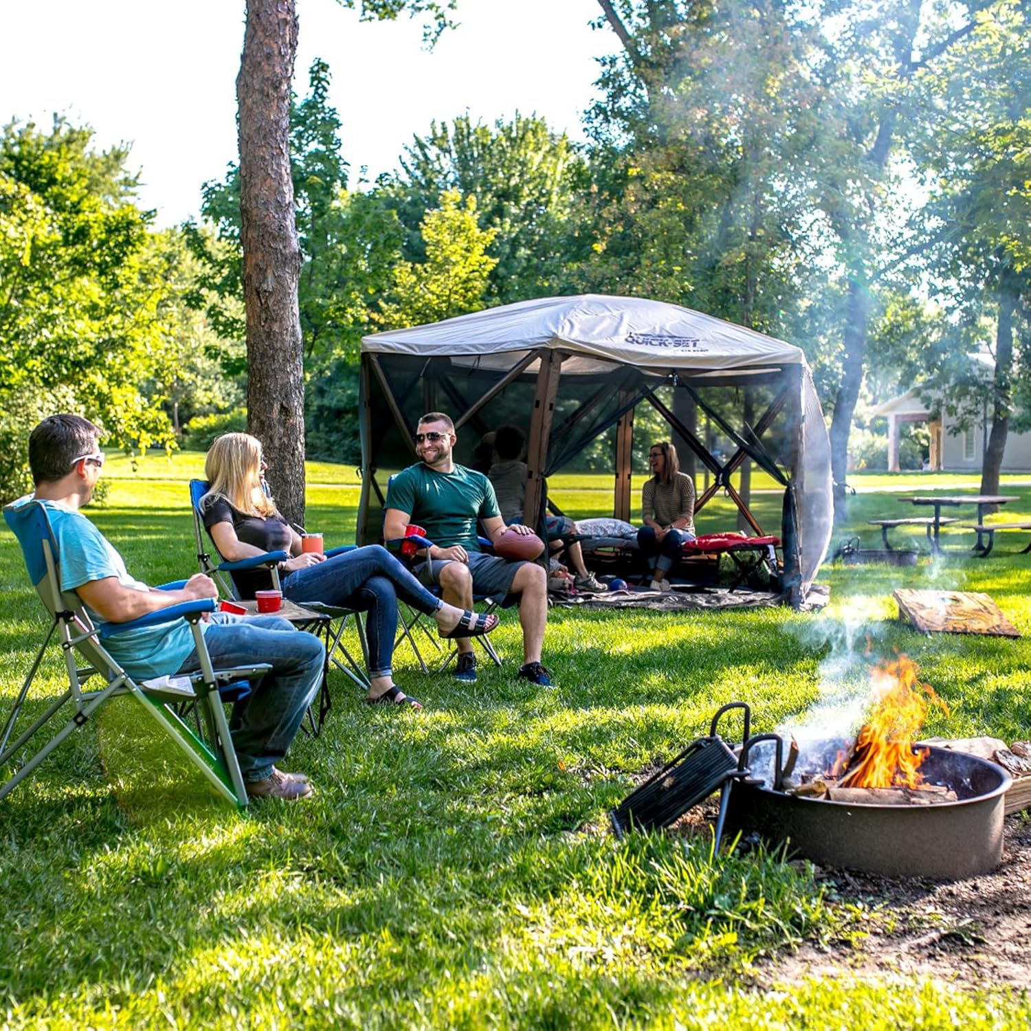 CLAM Quick-Set Escape Sky Camper 11.5’ x 11.5’ Pop-Up Outdoor Gazebo Instant Screen Tent 6-Sided Canopy Shelter w/Ground Stakes & Carry Bag, Brown