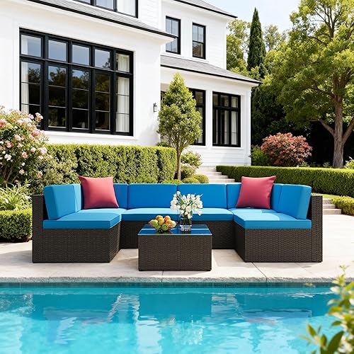 JUMMICO 7-Piece Outdoor Patio Furniture Set, All-Weather PE Rattan Sectional Sofa with Glass Coffee Table & Modular Seating Conversation Set for Garden, Backyard, Poolside,Blue