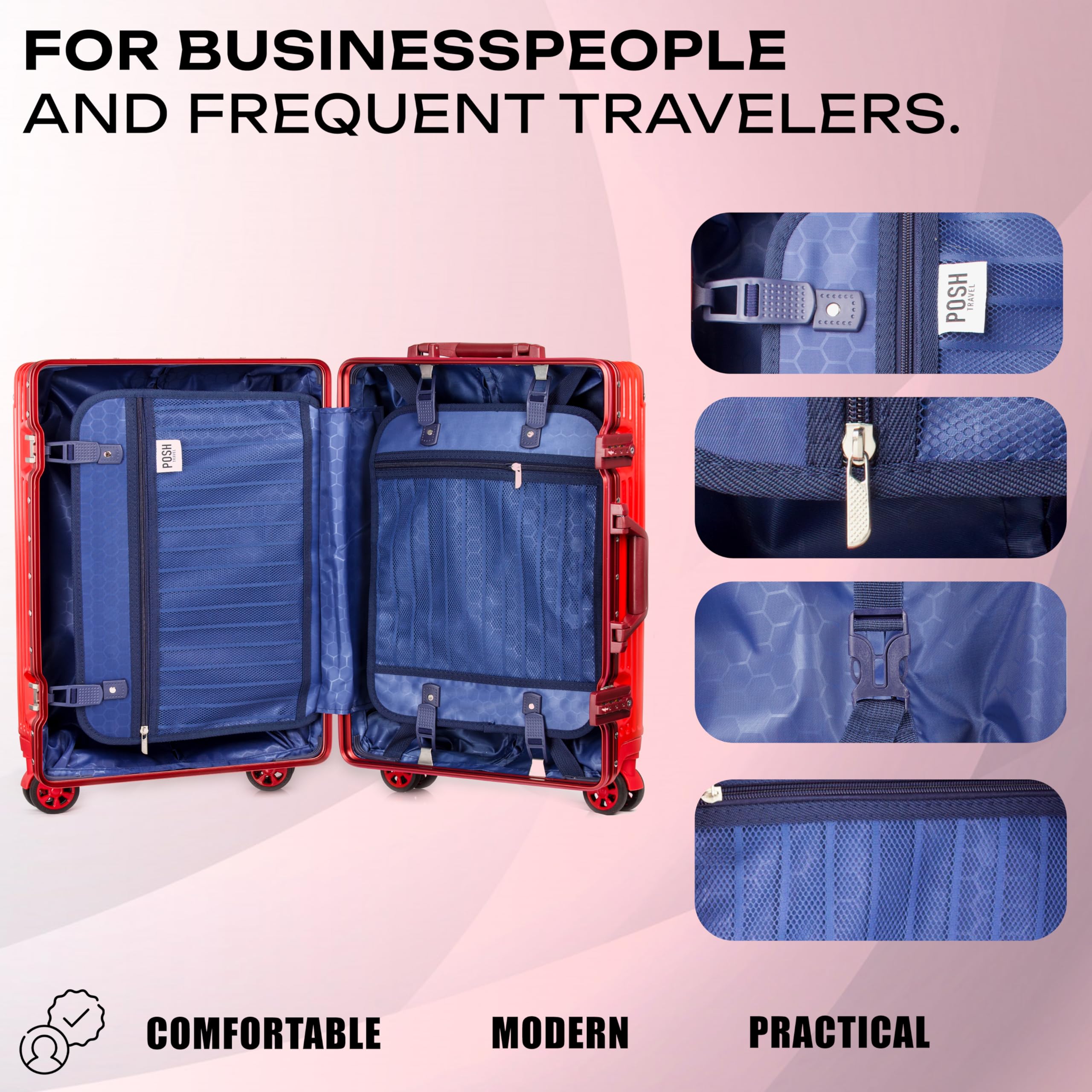 POSH Handgepäck Koffer M - Robuster Business Reisekoffer 38L - Hartschale 58x40x23 cm Polycarbonat Trolley mit Aluminium Rahmen & 2 TSA-Schlössern - Leise 360° Rollen - Inklusive Kofferschutzhülle