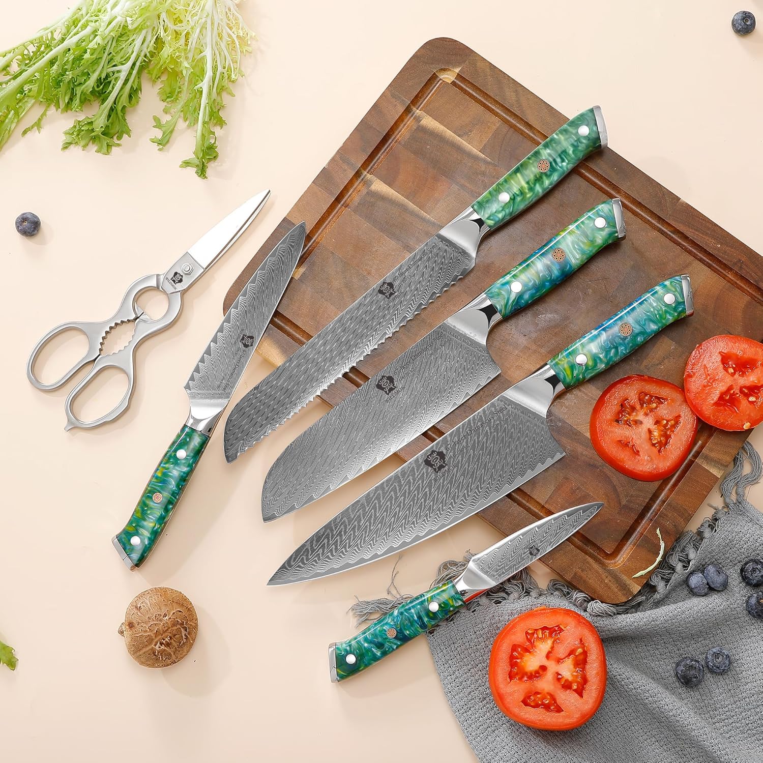 WILDMOK Damascus Kitchen Knife with Block 7pcs Premium Kitchen Knives Set with Resin Handle Professional Ultra Sharp Chef Knives Set with Gift Box