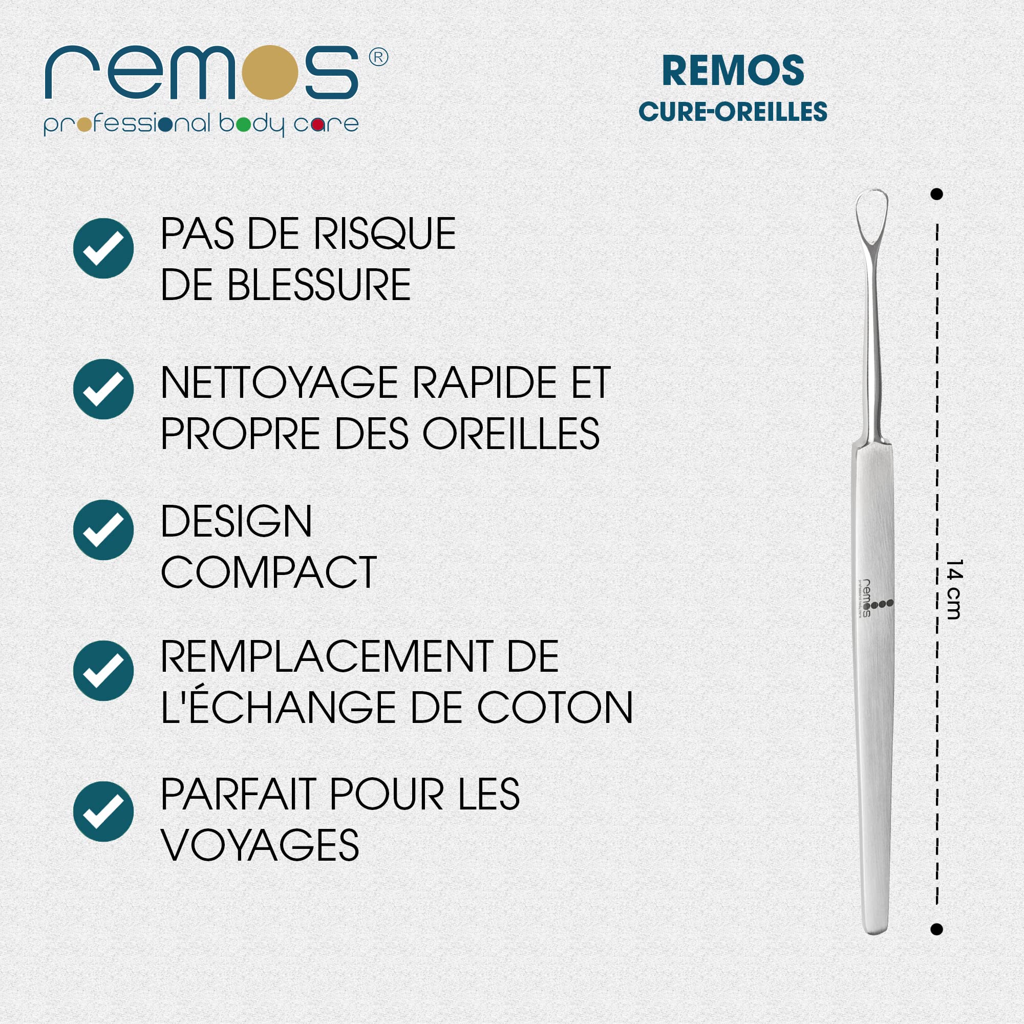 REMOS Cure-oreilles en acier inoxydable pour enlever le cérumen 14 cm satin