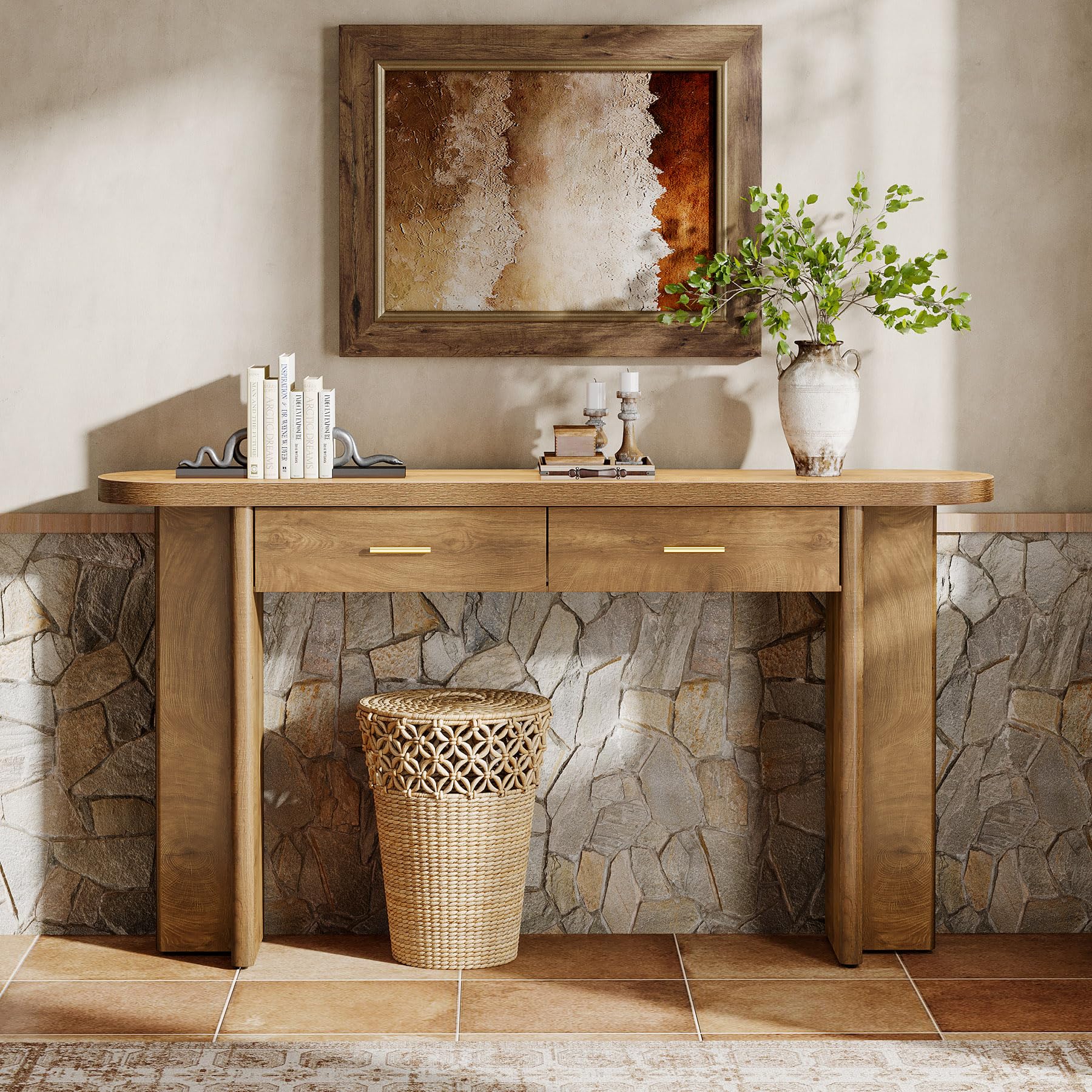 Tribesigns Tavolino consolle con 2 cassetti, 160 cm, in stile rustico, ovale, con vano portaoggetti, per soggiorno, corridoio e ingresso, marrone