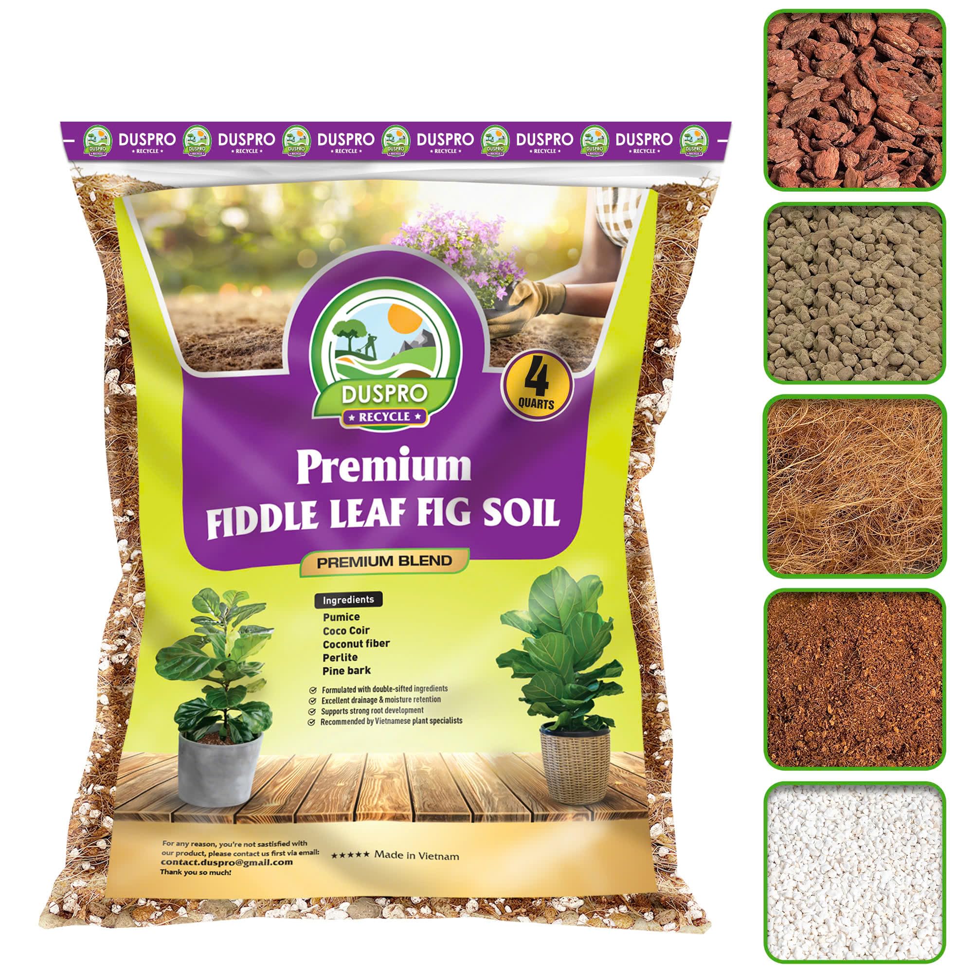 DUSPRO Recycle Fiddle Leaf Fig Soil Specialized for Fiddle Leaf Fig Plant Indoor 5-in-1 Pre-Mixed with Coco Coir, Coconut Fiber, Perlite, Pumice, Pine Bark Ready-to-Use Handmade Mixing Drainage 4 QRT