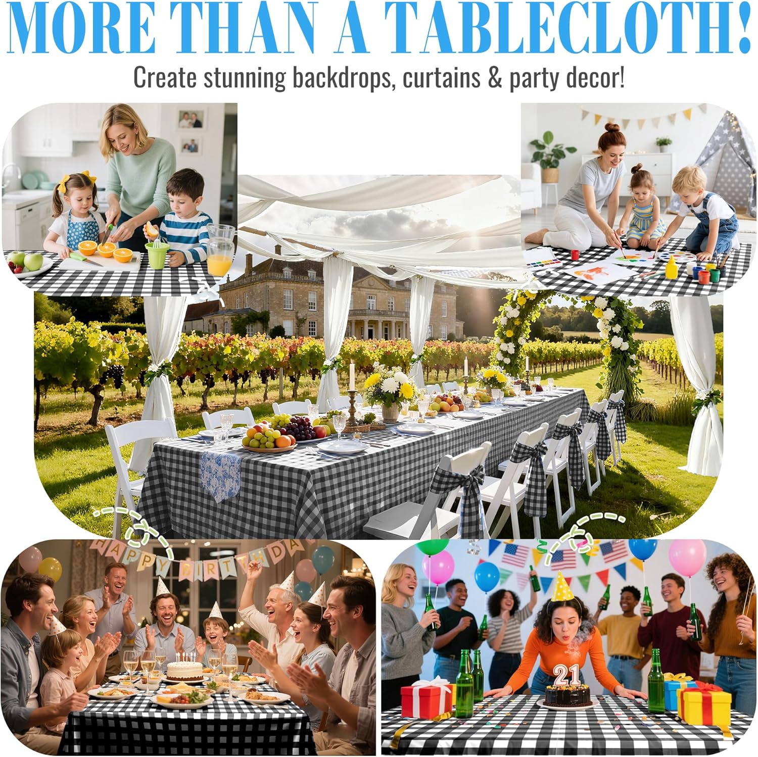 Plastic Table Cloth Disposable, 54In X 300Ft Table Cover Roll, Disposable Tablecloth with Slide Cutter for Rectangle Round Tables, Party Tablecloths for Birthday, Wedding, Picnic, Party (Black Plaid) - Image 4
