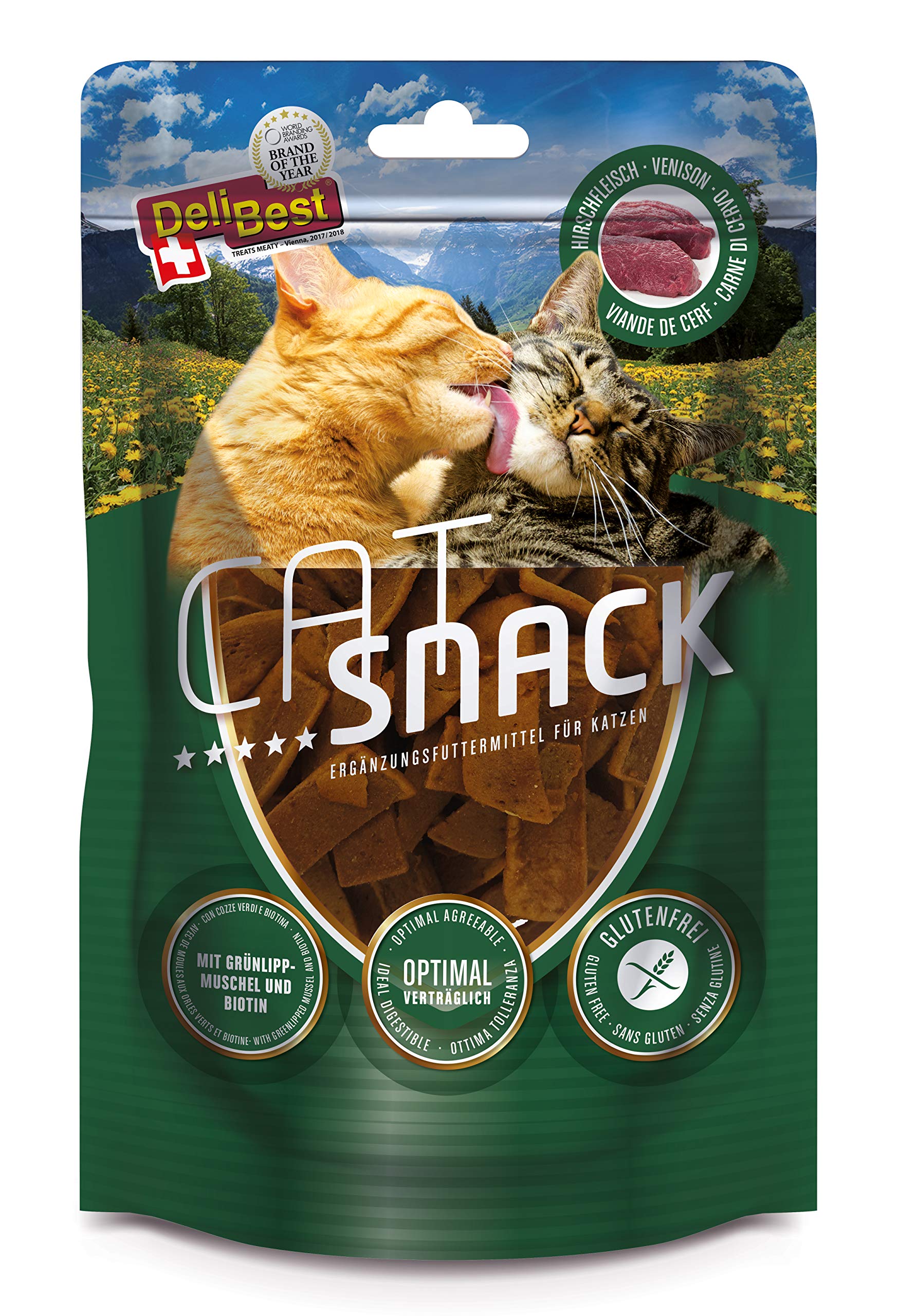 DeliBest Cat Snack de Carne de Ciervo Suiza 100%, golosinas para Gatos, sin Cereales, golosinas semihúmedas fáciles de digerir, Aperitivo para Gatos para Brillo de Pelo, Apto para alérgicos, 45 g