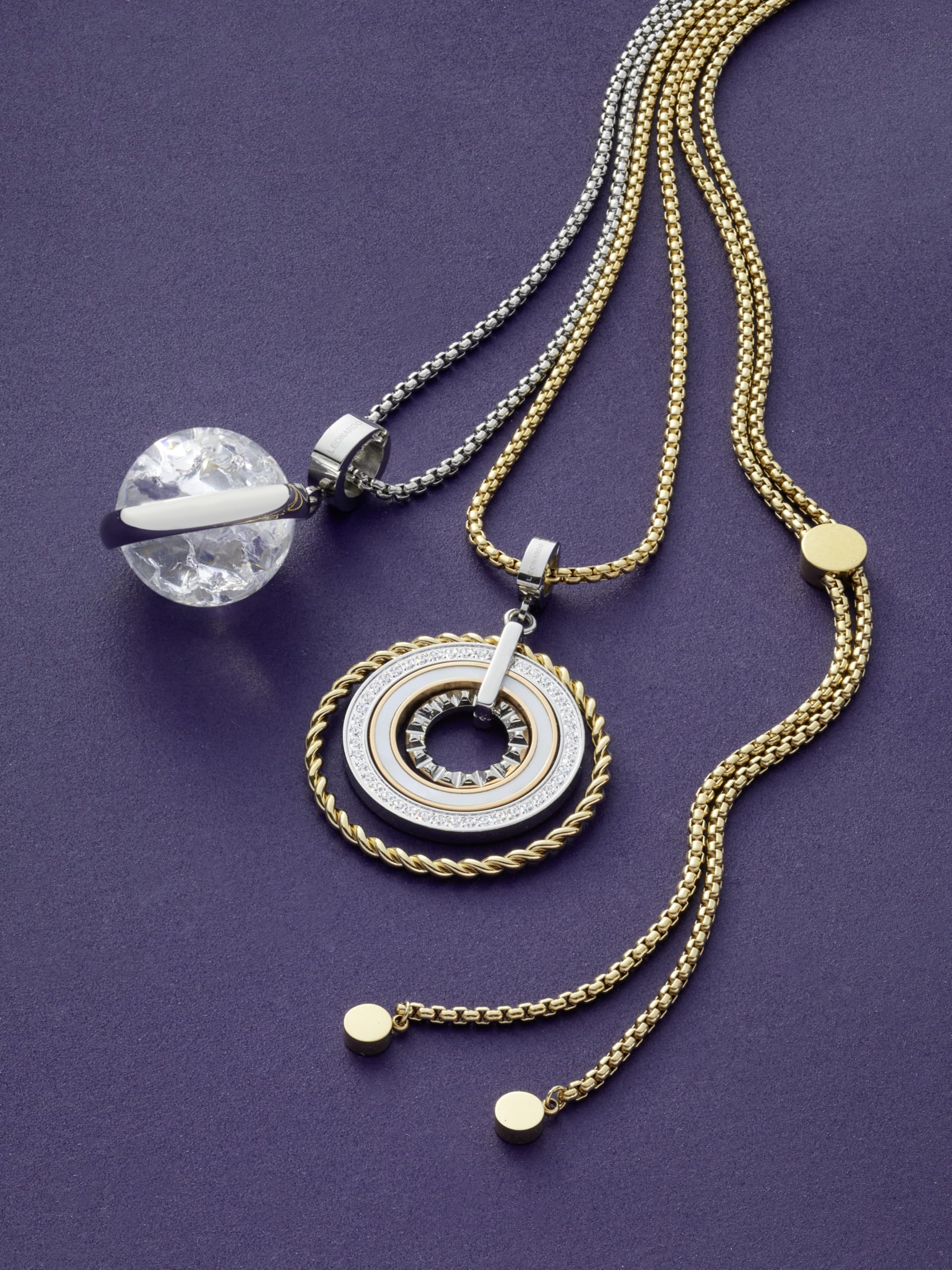 JEWELS BY LEONARDO Anhänger Clip & Mix Geometria • Ketten-Anhänger aus tricolorfarbenem Edelstahl • Ringelemente mit Perlmutt und Glaskrisallen • Clip M (4,8 mm Ø) • Schmuck Geschenk Damen • 021639