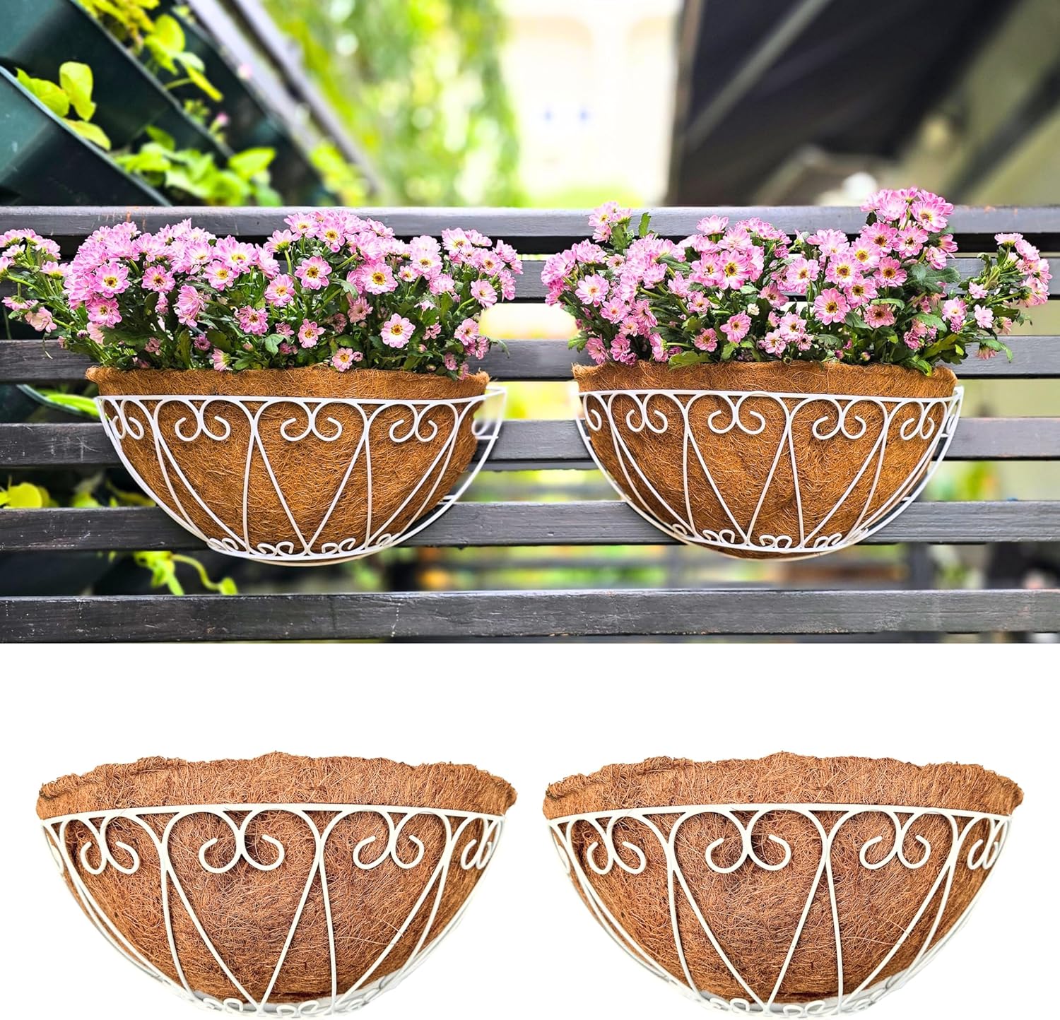 LaLaGreen Outdoor Wall Planters (2 Pack, 14 Inch) White Metal Wall Mounted Hanging Basket with Coco Liner, Semi-Circle Flower Pot Plant Holder for Fence Railing Deck Porch Balcony French Garden Decor