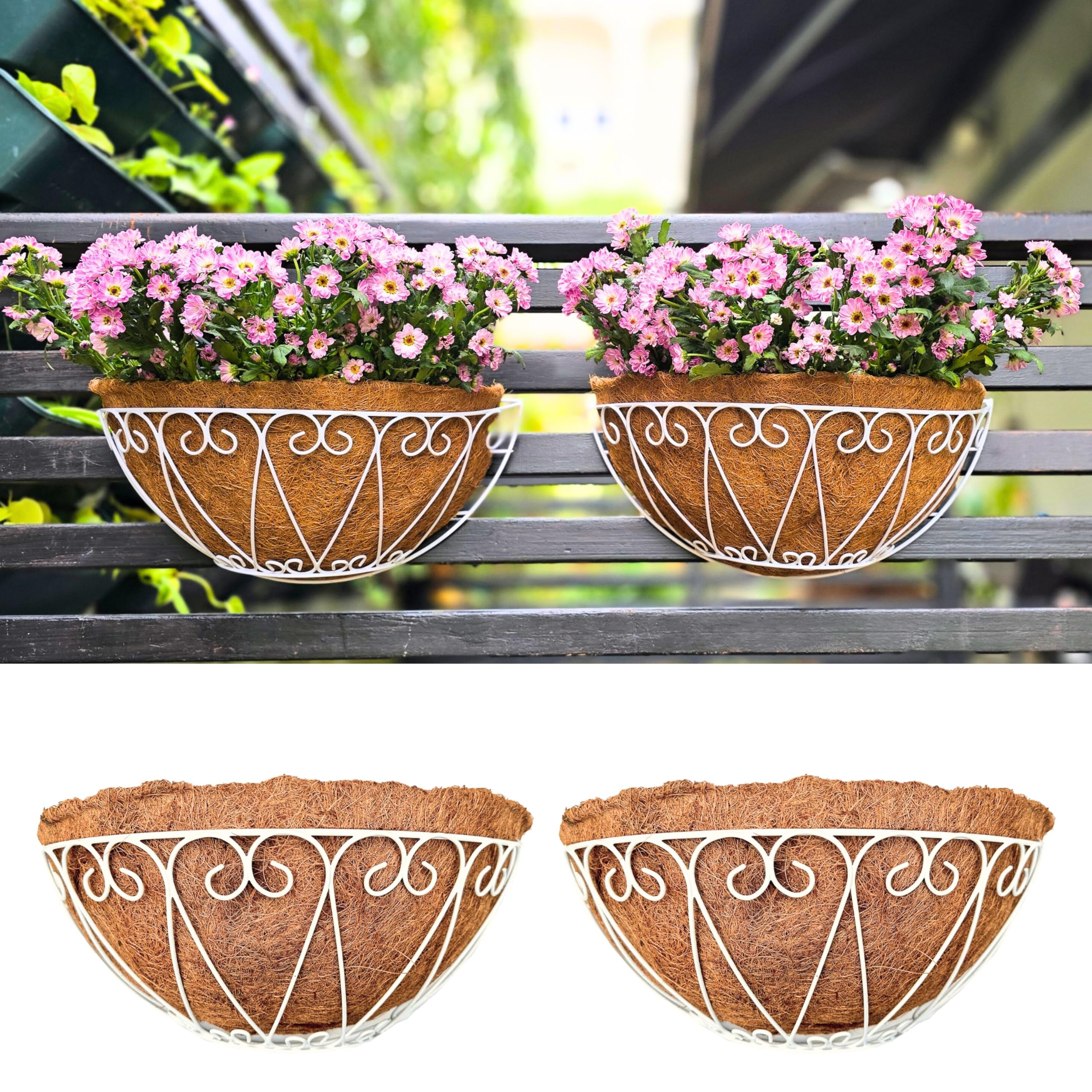 LaLaGreen Fence Wall Planter (14 in, 2 Pack) White Coco Liner Patio Pots