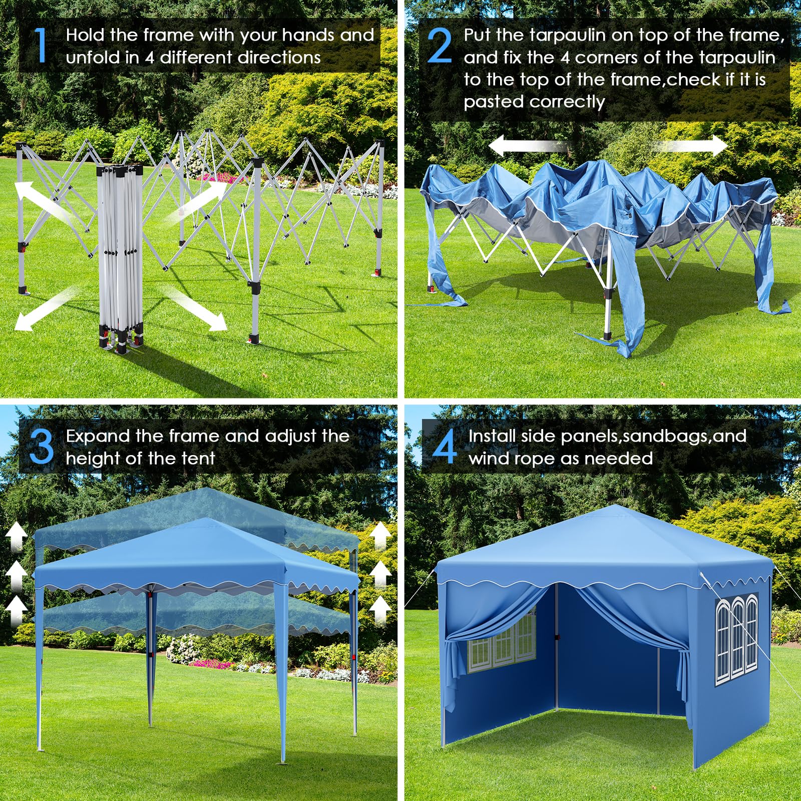 XMTECH Paviljoen, vouwpaviljoen, 3 x 3 m, met 4 zijpanelen, 3-voudig in hoogte verstelbaar, 2,4 m-2,6 m, waterdicht, uv-bescherming, opvouwbaar, stalen frame en 210D Oxford-weefsel voor tuinfeesten