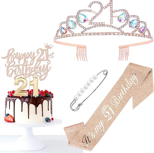 Decoraciones de cumpleaños 21 para ella, incluyendo banda de cumpleaños 21, corona, velas, regalos de cumpleaños 21 para ella