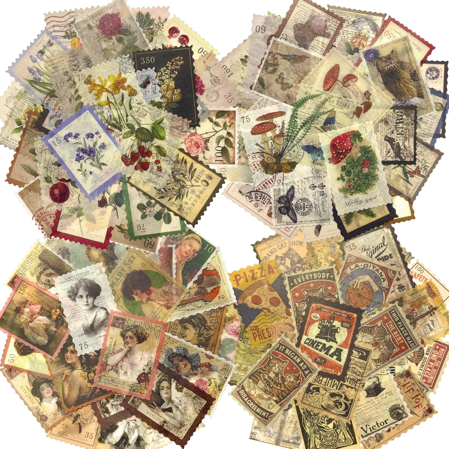 240 Vintage Postage Stamp Stickers for Scrapbook, Junk Journal Scrapbooking Supplies Sticker for Adults, Aesthetic Botanical Stickers for DIY Art Crafts-C04