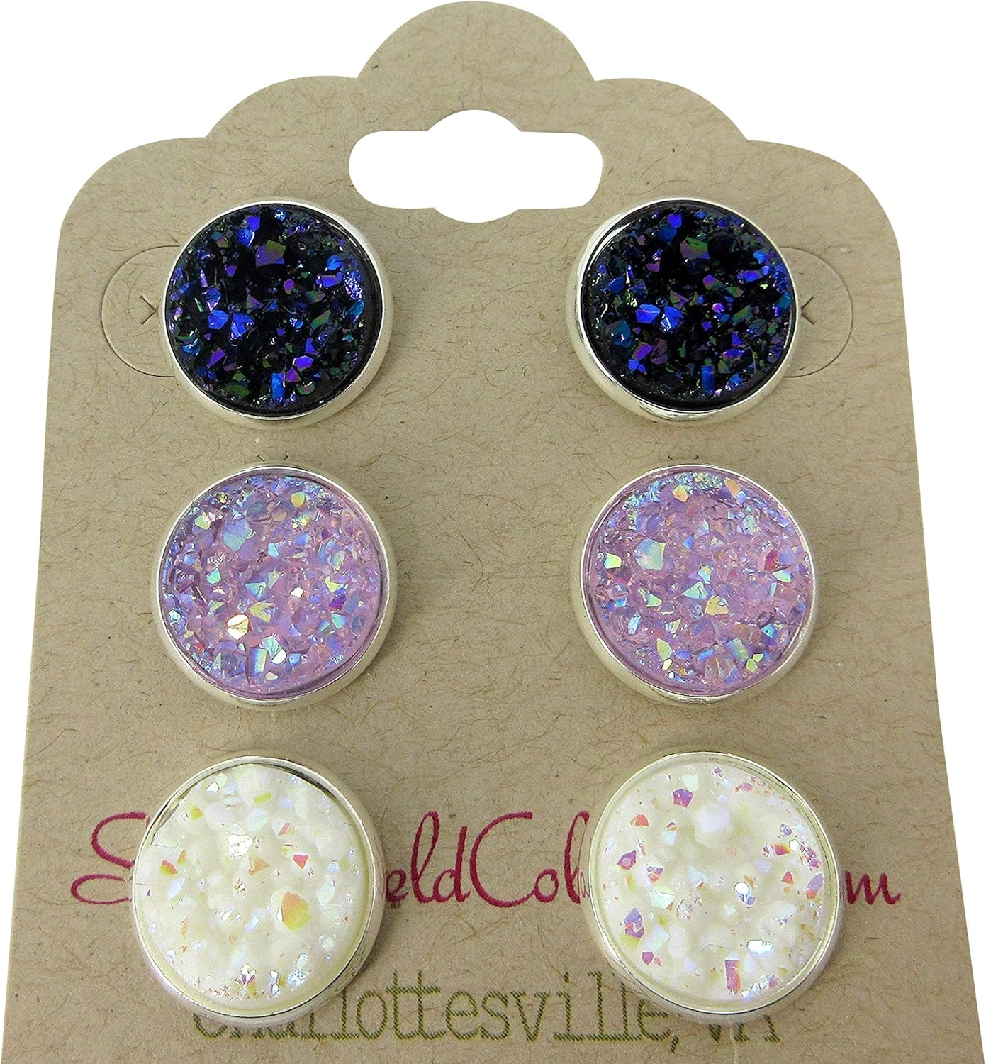 Summerfield Collection Trio Silver-tone Stud Earrings Faux Druzy Stone Midnight Blue Lavender AB White Set 12mm