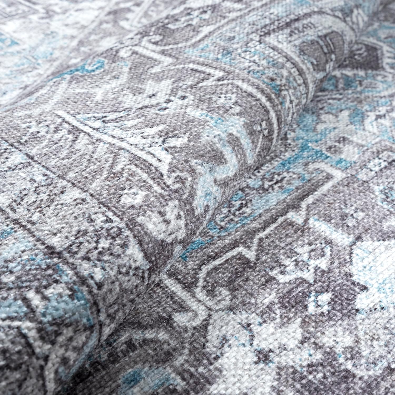 GLN Rugs Vintage Collection - Machine Washable Area Rug, Vintage Washable, Non Slip, Low Pile Rug, Living Room, Bedroom, Bathroom Rug - Easy Clean (2'x3' Blue and Gray)