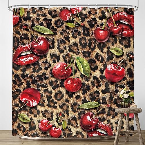 Miniatura 2 de LIGHTINHOME Cortina de ducha con estampado de leopardo, 72 pulgadas de ancho x 72 pulgadas de alto, diseño retro rojo de cerezo, negro y marrón,