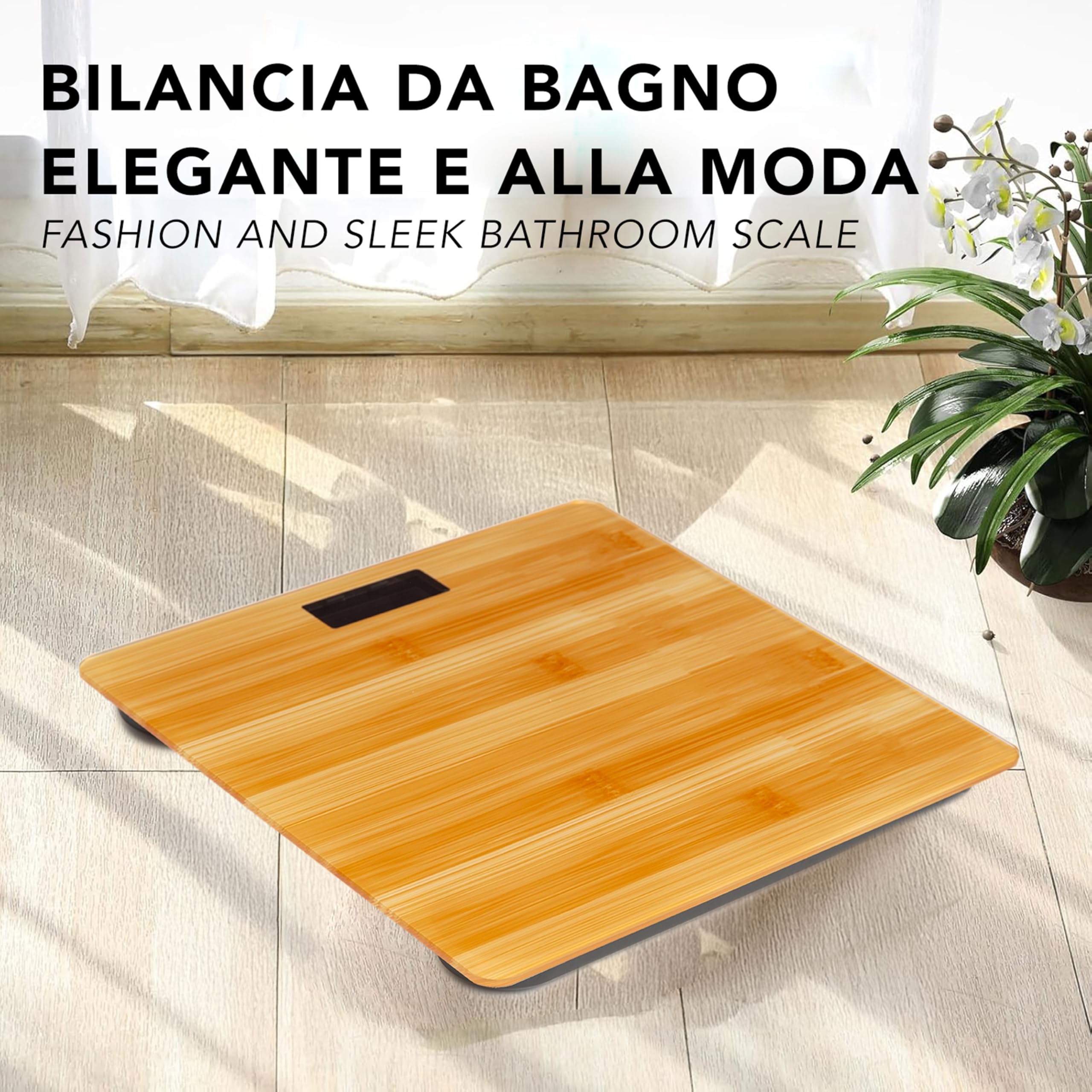 IPEA Bilancia Pesapersone Digitale Ultra Sottile color Legno - Tecnologia STEP ON - Massima Precisione Peso - Design Elegante in Vetro Temperato - Display Misurazione precisa 0,1 KG - Max 180Kg