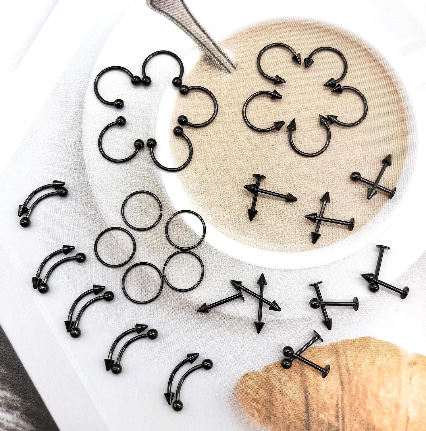 40Pcs Surgical Steel Lip Rings Labret Monroe Barbell Daith Tragus Helix Piercing Septum Nose Ring Eyebrow Body Jewelry for Women Men