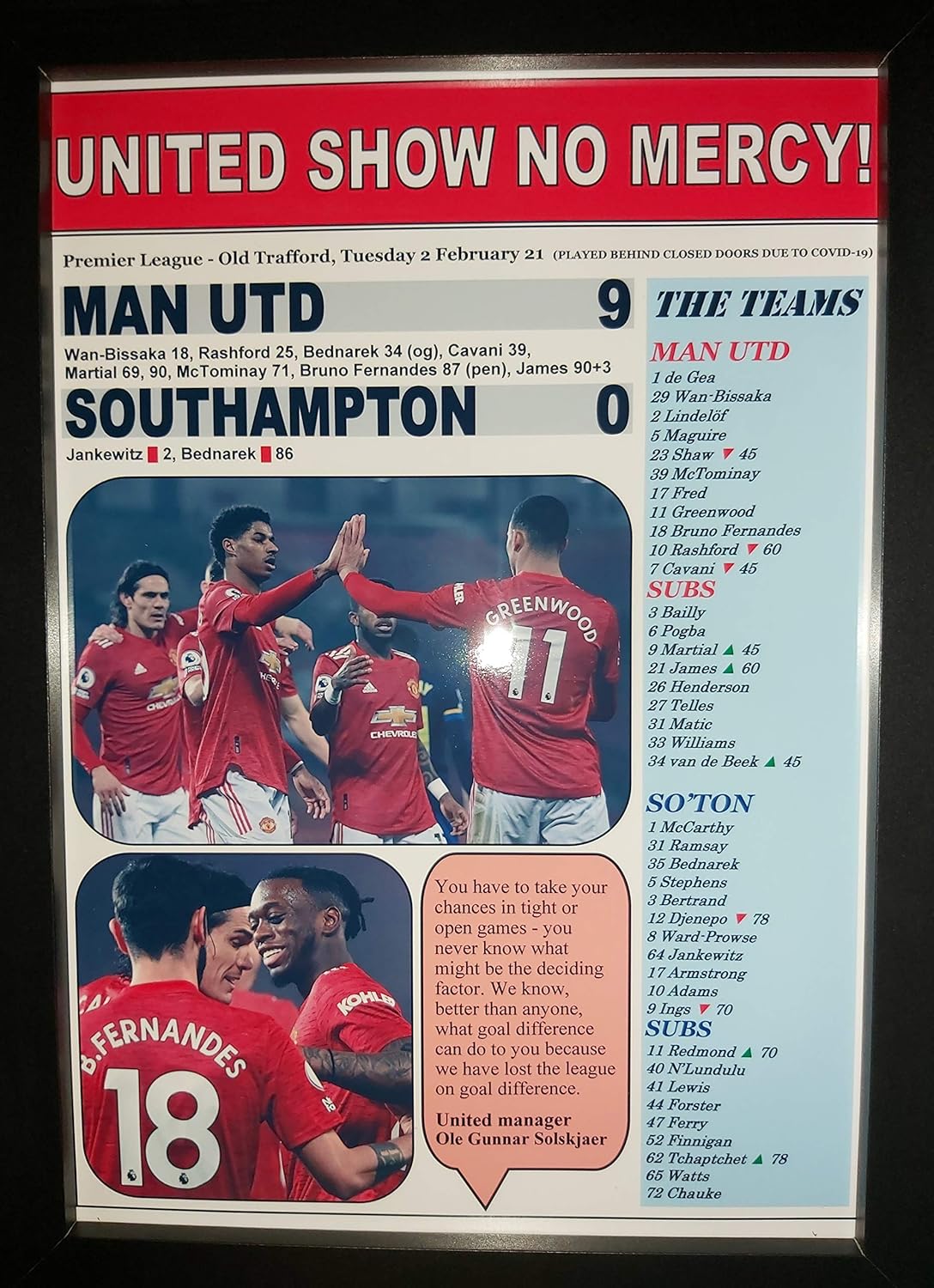 Sports Prints UK Manchester United 9 Southampton 0 - 2021 - framed print