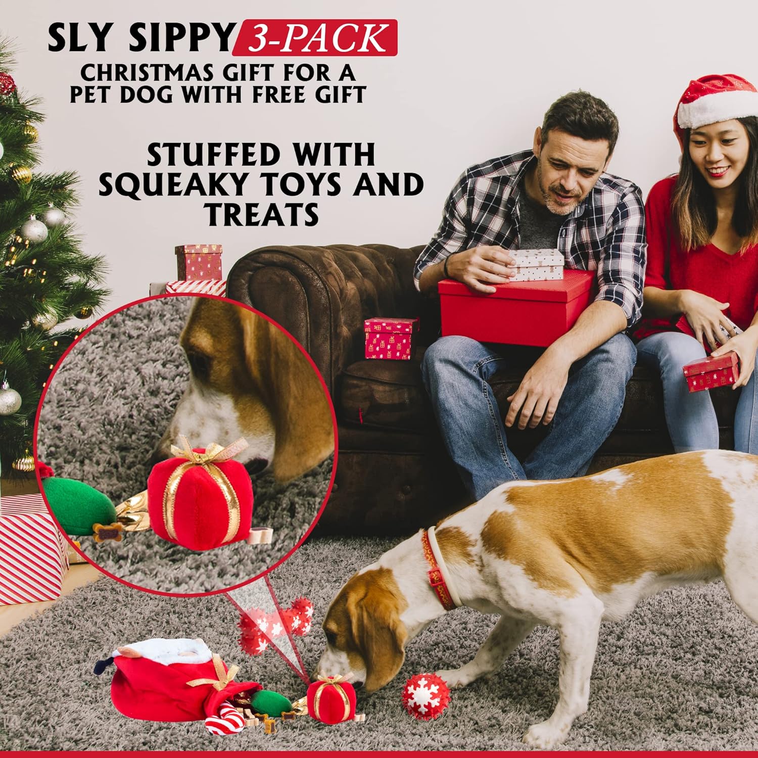Sly Sippy 3 Pack Dog Toy Bundle with Santa Design Hide and Seek