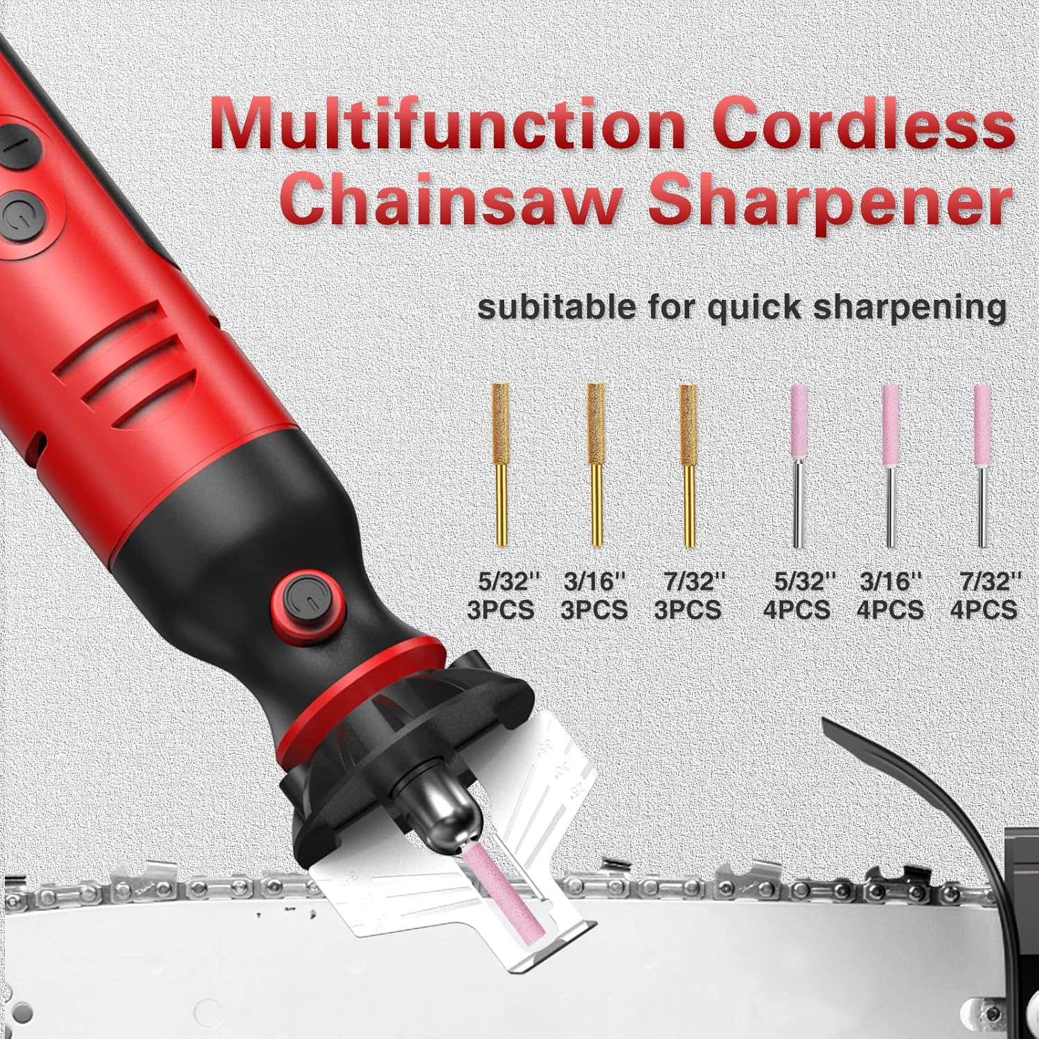 Electric Chainsaw Sharpener Kit with Titanium Plated Diamond Bits,Chain Saw Sharpener Tool Cordless,High Speed Chainsaw Sharpener,Chain Saw Blade Sharpener with 54pc Sharpening Wheels,Angle Attachment
