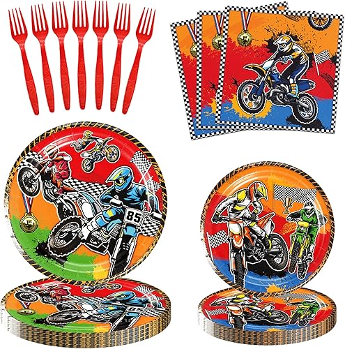 96 piezas de decoración de fiesta de motocross, juego de vajilla para fiesta temática de motocicleta, incluye platos desechables, servilletas,