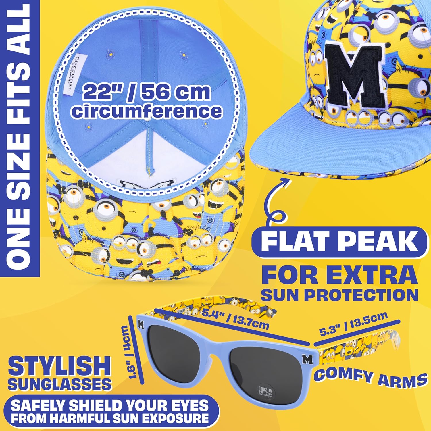Marvel Spider-Man | Minions Kids Baseball Cap, Sunglasses Set UV Protection, Adjustable Sun Hat Gifts for Boys 4–12