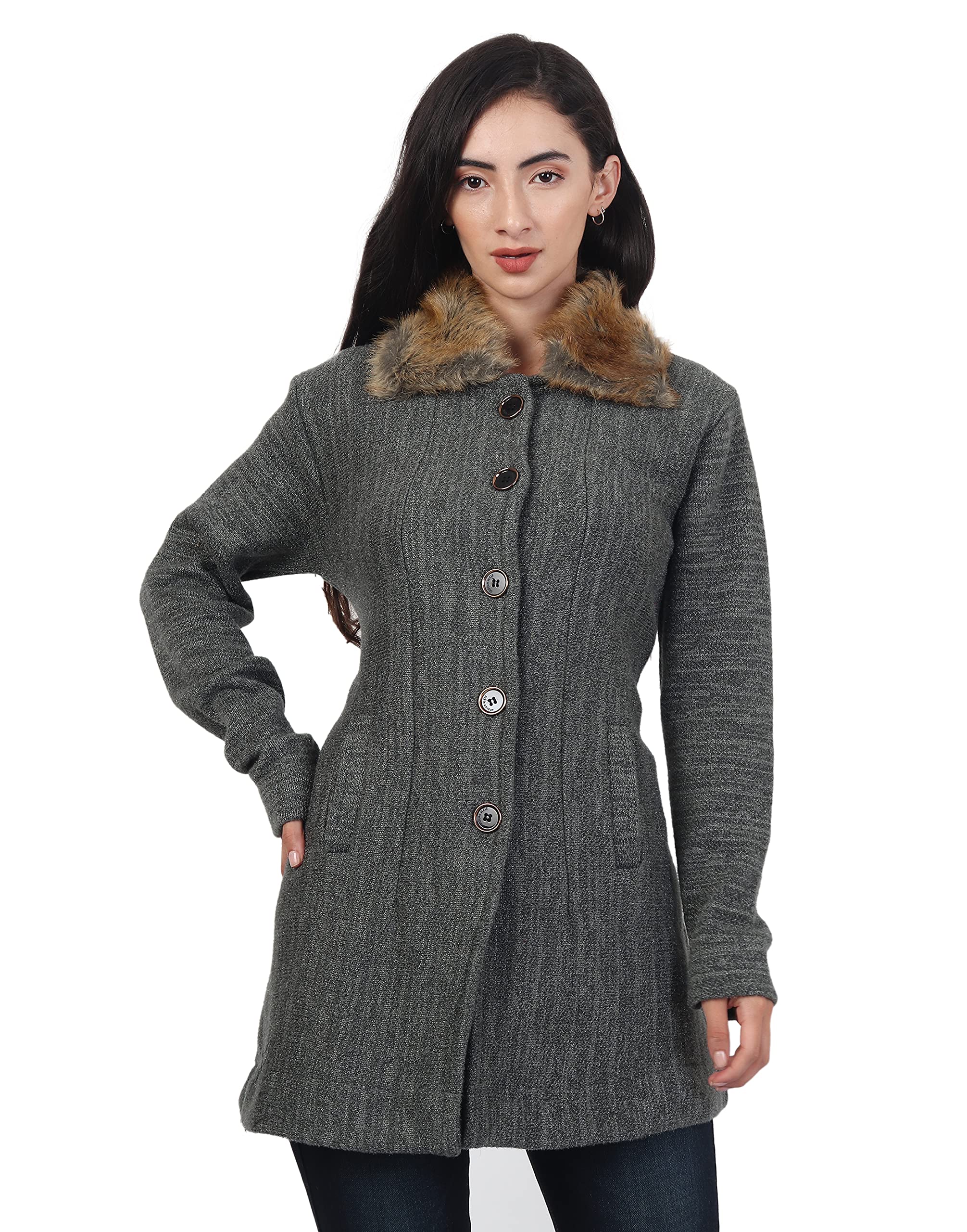 Solid Collared Neck Casual Women Coat with Fur Collar