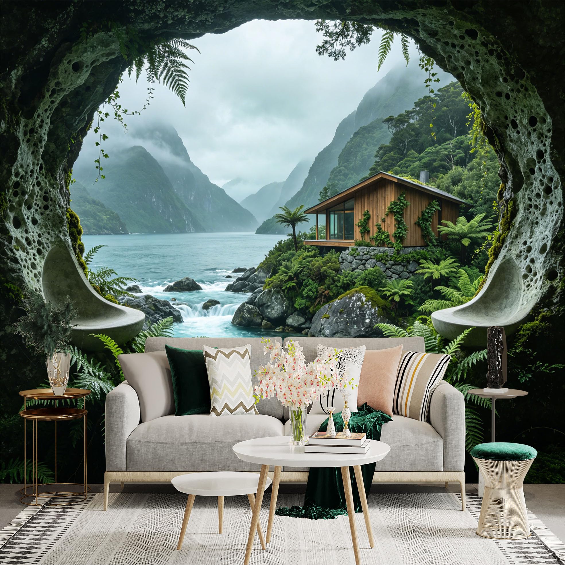 Custom Size Wall Sticker Mural， Lakeside Cabin， Misty Mountains and Tropical Forest View， for wall Decoration， peelandstick wall Decals.