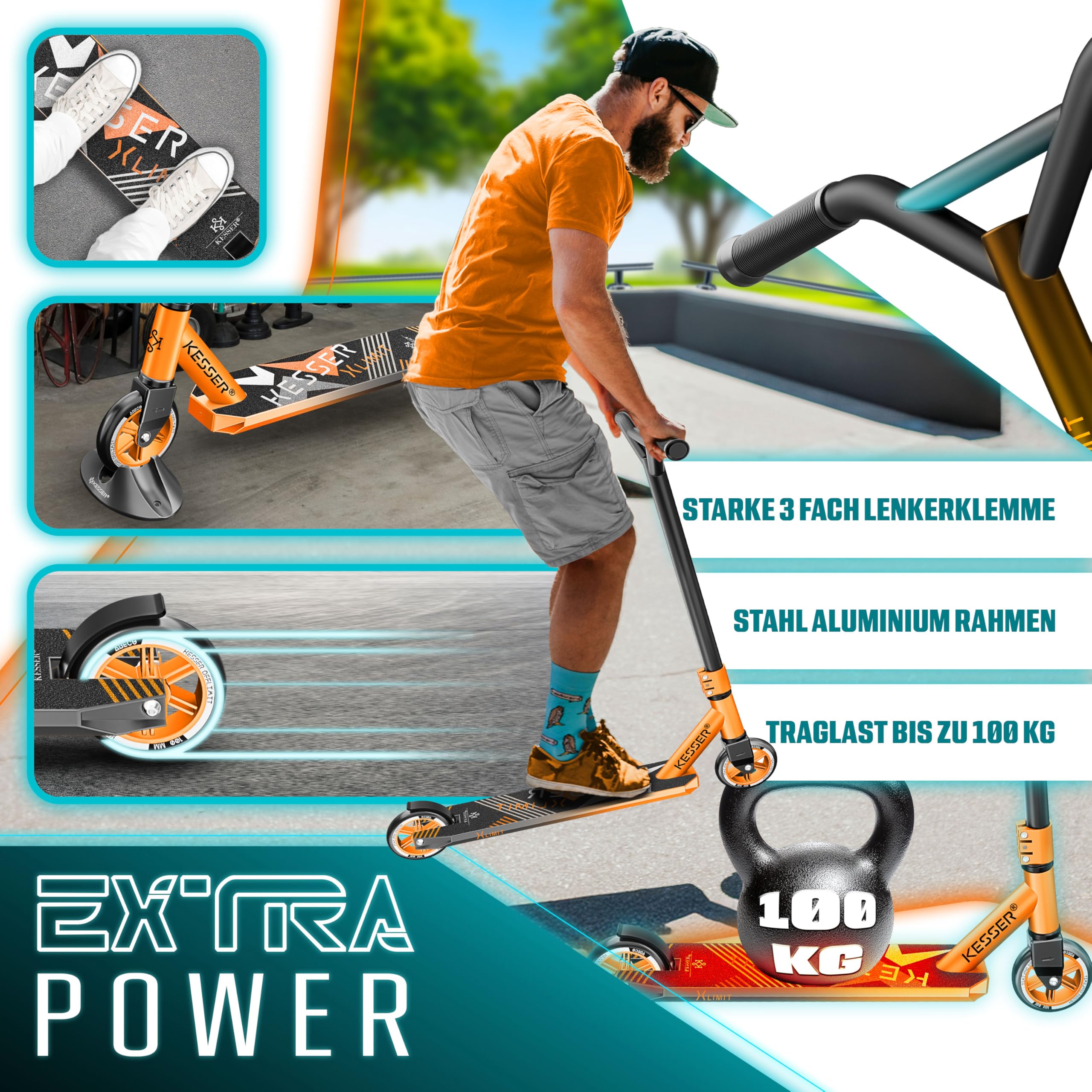 KESSER® Trottinette Freestyle | Trottinette Freestyle X-Limit | Direction à 360° | Roulements à Billes ABEC 9 de 100 mm | Roues en polyuréthane | Robuste | Orange
