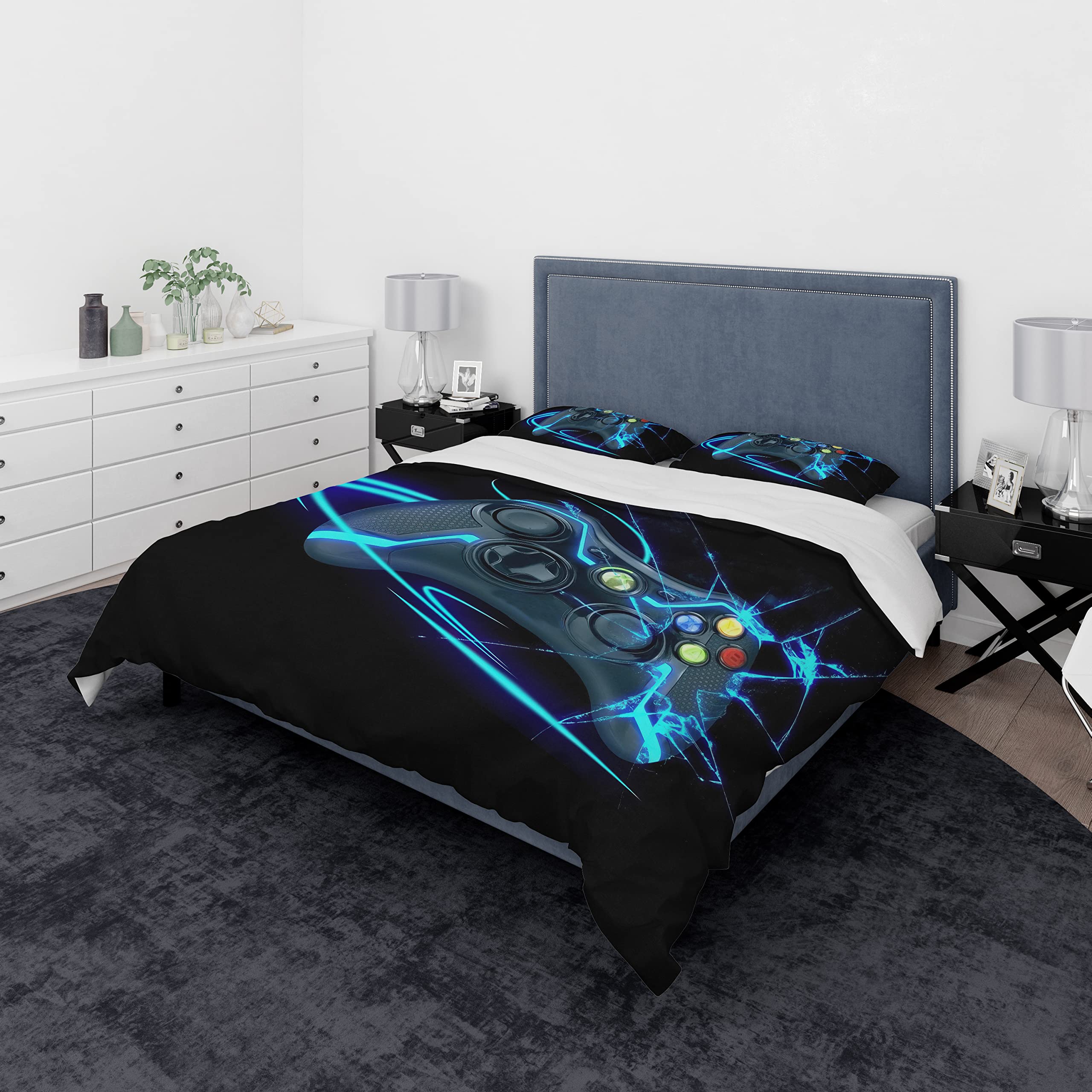 SHUAIG Housse de Couette pour Jeux Ensemble de literie Linge de lit Set Gamepad Lit Linge de Print Couverture de lit Microfibre et Couvercle d' oreiller (Bleu, 135x200cm