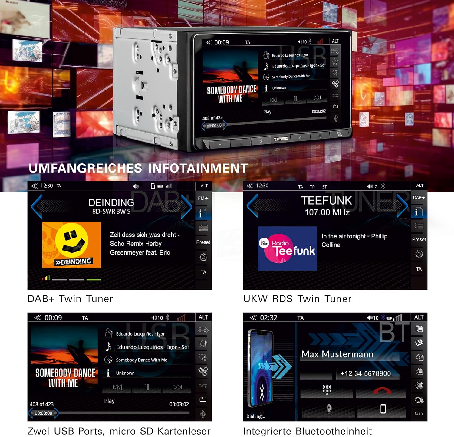 ZENEC Z-N538 screen showing various infotainment options including DAB+ radio, FM radio, USB music playback, and Bluetooth call interface.