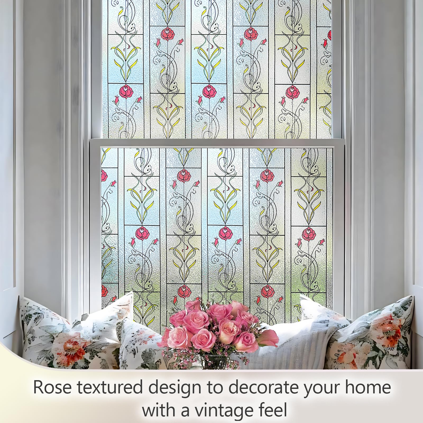 KESPEN WINDOW FILMS Film de confidentialité pour fenêtre – Film décoratif pour fenêtre en verre dépoli avec fleur de rose – Autocollant statique non adhésif pour verre – Contrôle de la chaleur pour la