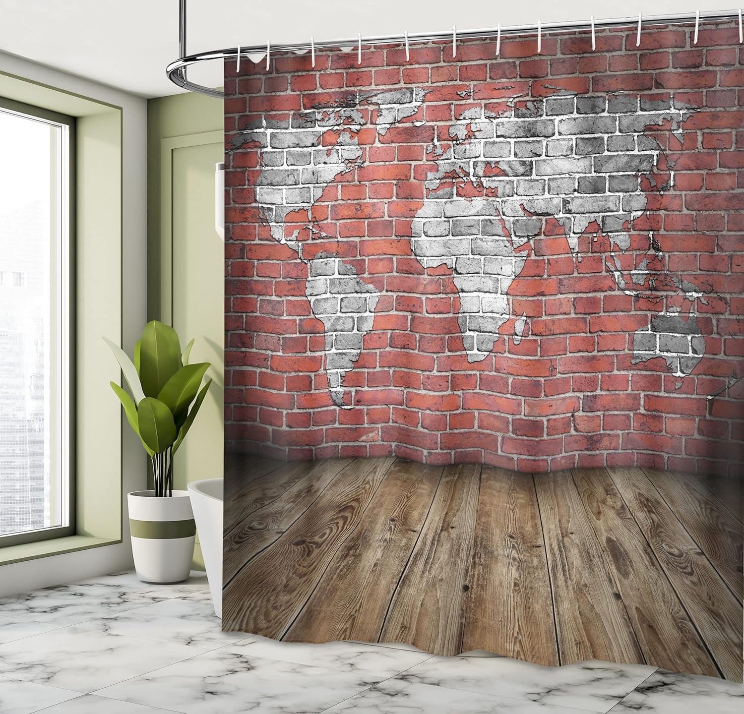Ambesonne Vintage Shower Curtain, Vintage Grunge Map Room Style Brick Rustic Geographic Interior Travel, Cloth Fabric Bathroom Decor Set with Hooks, 69" W x 70" L, Pale Grey and Cinnamon