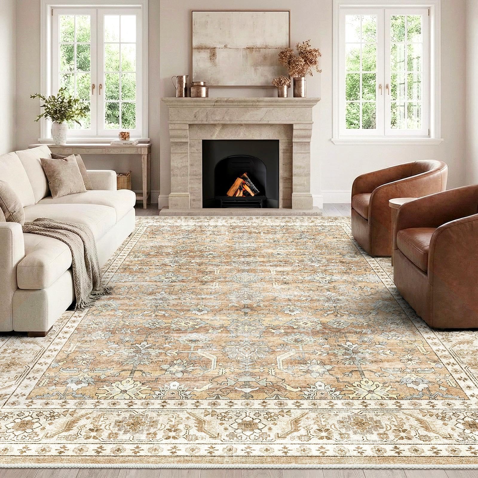 HOMFINE Teppich Wohnzimmer 240x340cm Vintage Waschbar Beige Braun | Großer Waschbarer Kurzflor Teppich mit Blumenmuster, Rutschfest, Weich und ideal für Wohnzimmer, Schlafzimmer und Esszimmer