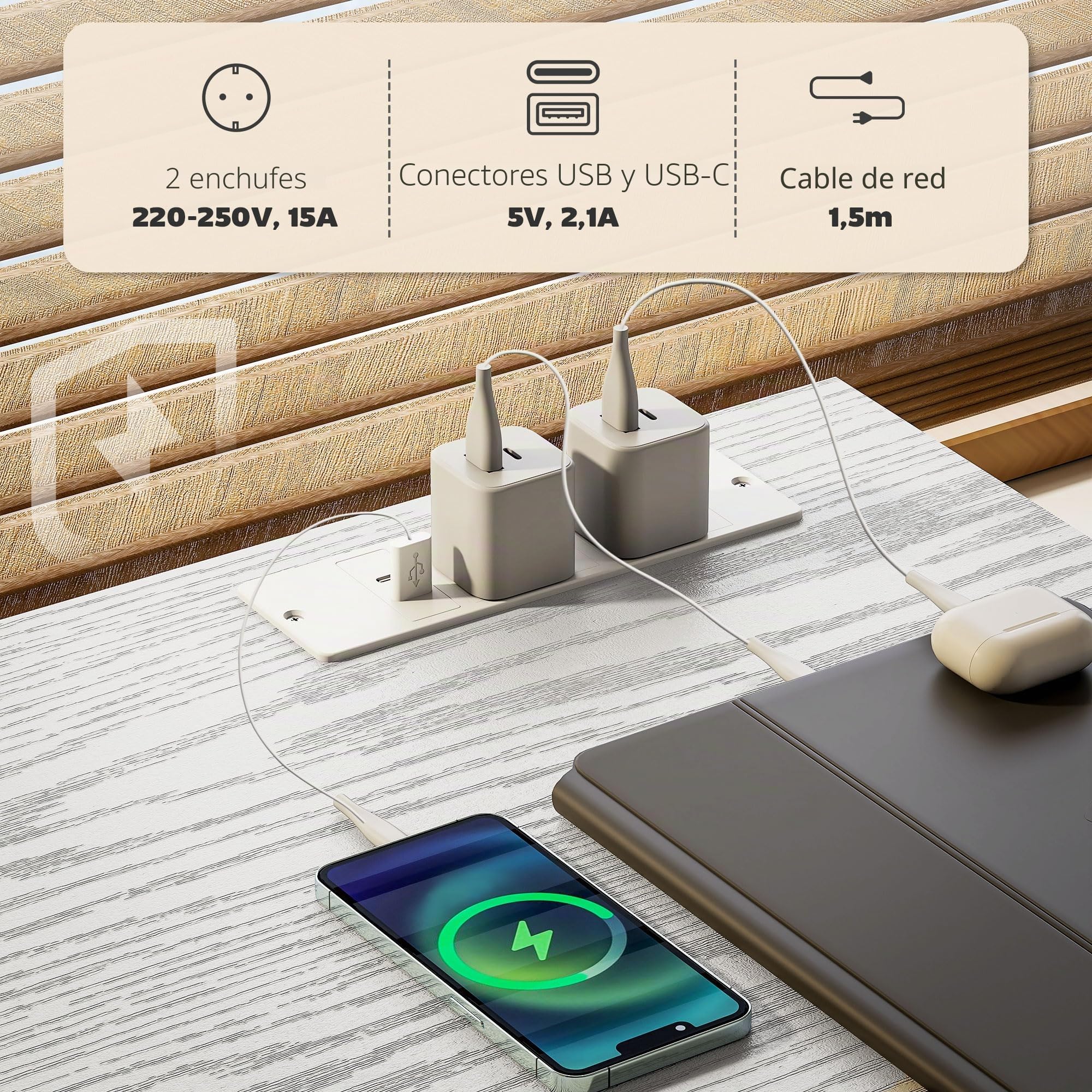 HOMCOM Escritorio con Puertos de Carga USB y USB-C Blanco 120x40x76 cm