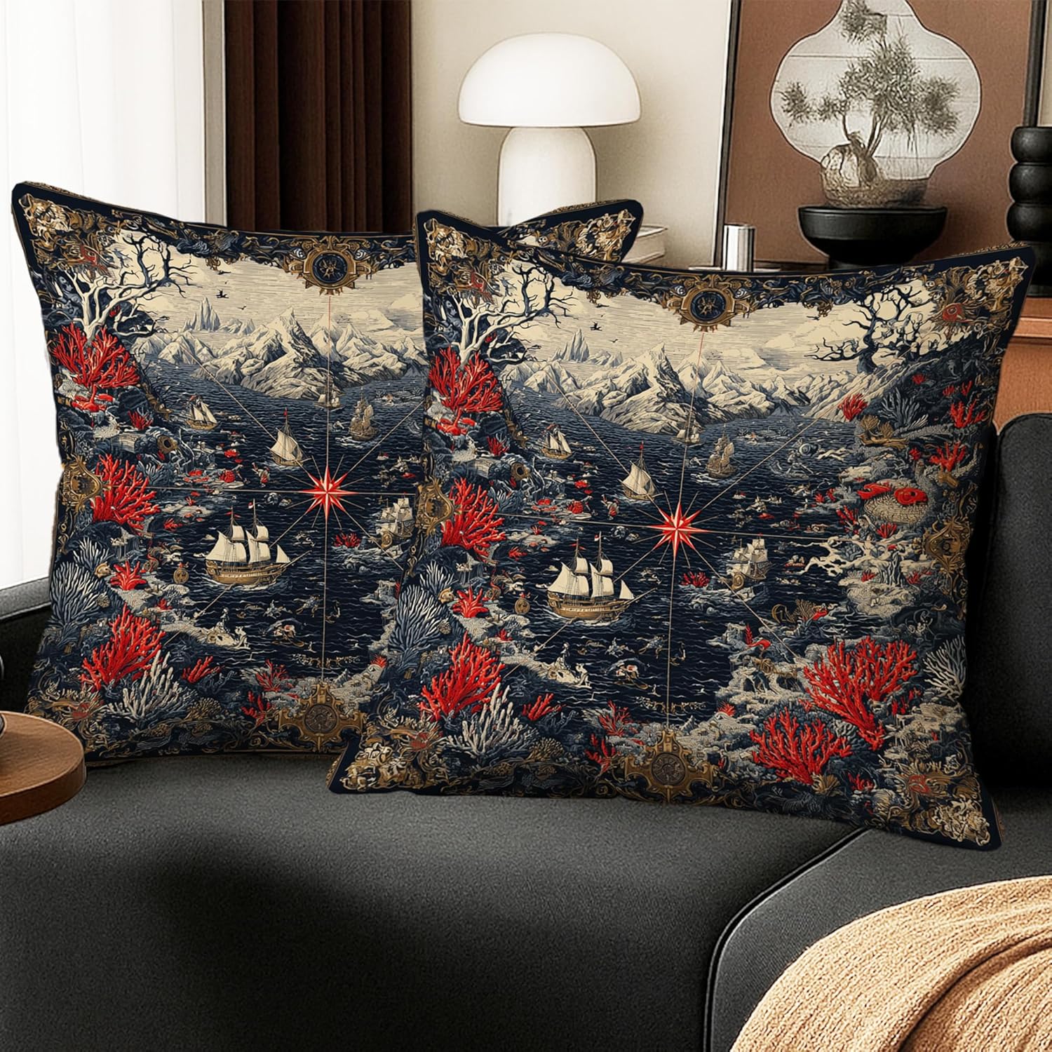 Red Coral Nautical Pillow Covers Set of 2, Ocean Map Decorative Throw Cushions, Vintage Sailboat Coastal Pillows for Bedroom Sofa Couch Décor 32x32 Inch