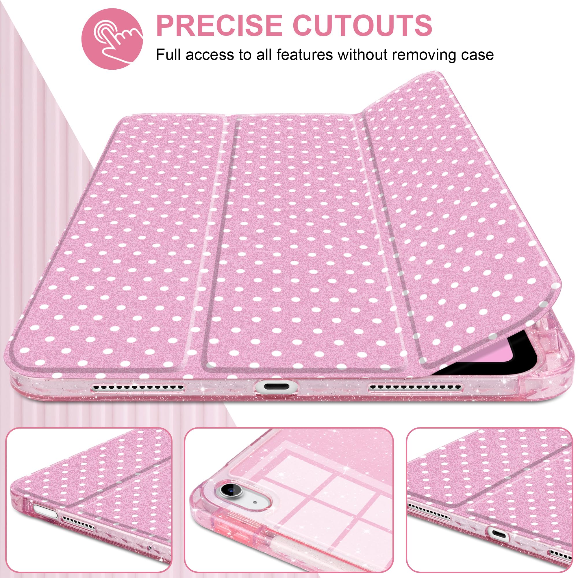 MEEgoodo Custodia per iPad Air 13" 2026 (M4) / 2025 (M3) / 2024 (M2), custodie per tablet glitterate con retro in acrilico trasparente + supporto a tre pieghe + portapenne, accensione e spegnimento