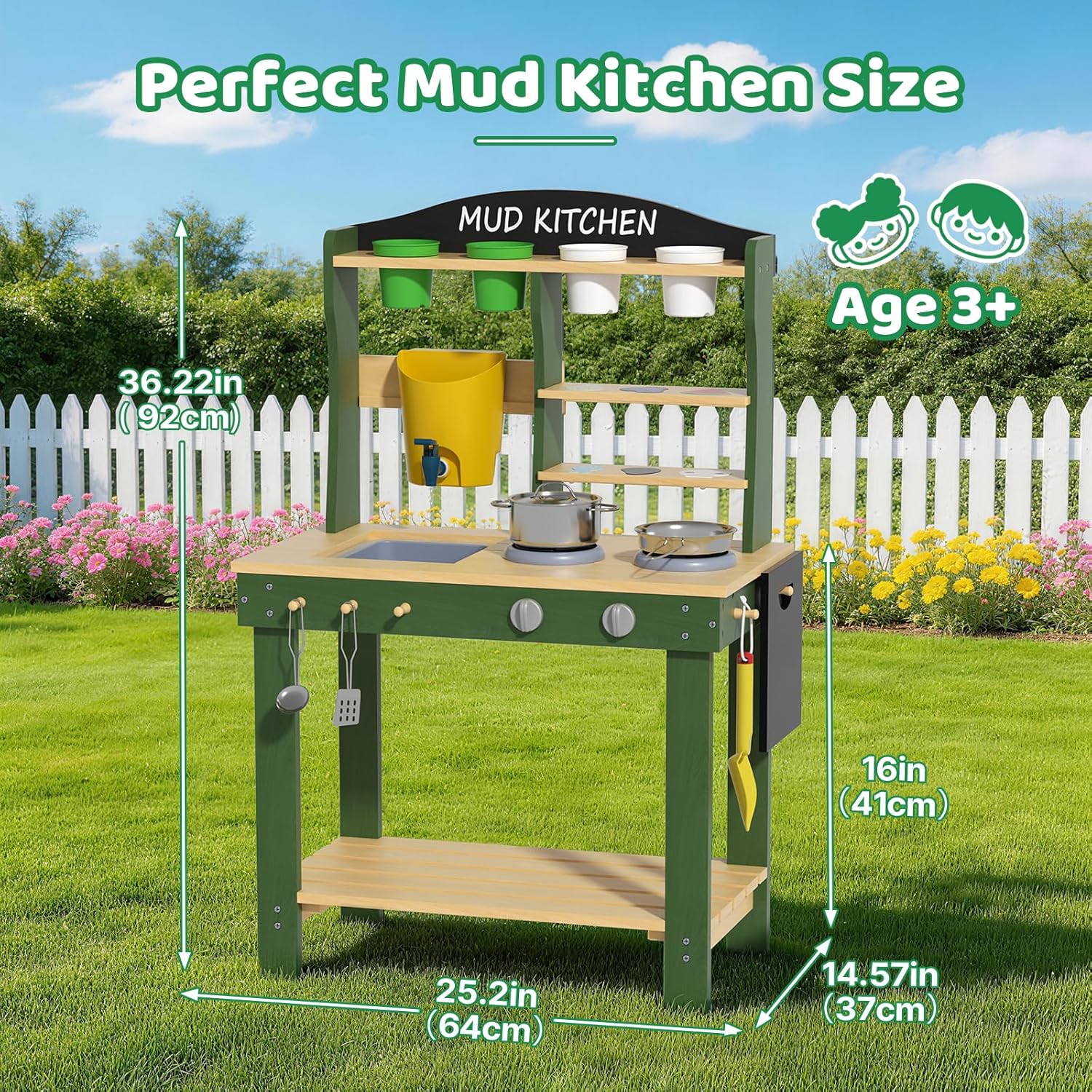 Babytronic Mud Kitchen, Wooden Outdoor Kitchen for Kids Age 3+, Play Kitchen Set with 19 Accessories, Play Sink with Running Water, Stove, Mud Table for Sensory Fun, Cooking, Planting, Toddler Gift