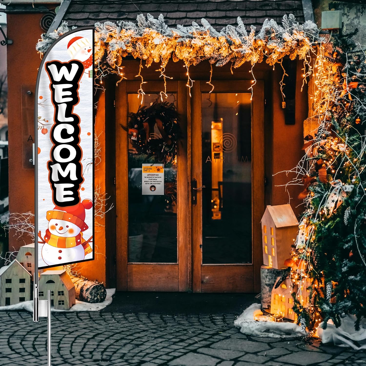 Snowman Feather Flag Banner - 11.5x2.5 Ft Welcome Swooper Flag for Outdoor Events -Winter Signs Windless Full Sleeve Banner for Outside Yard Decoration (Only Flag) (White)