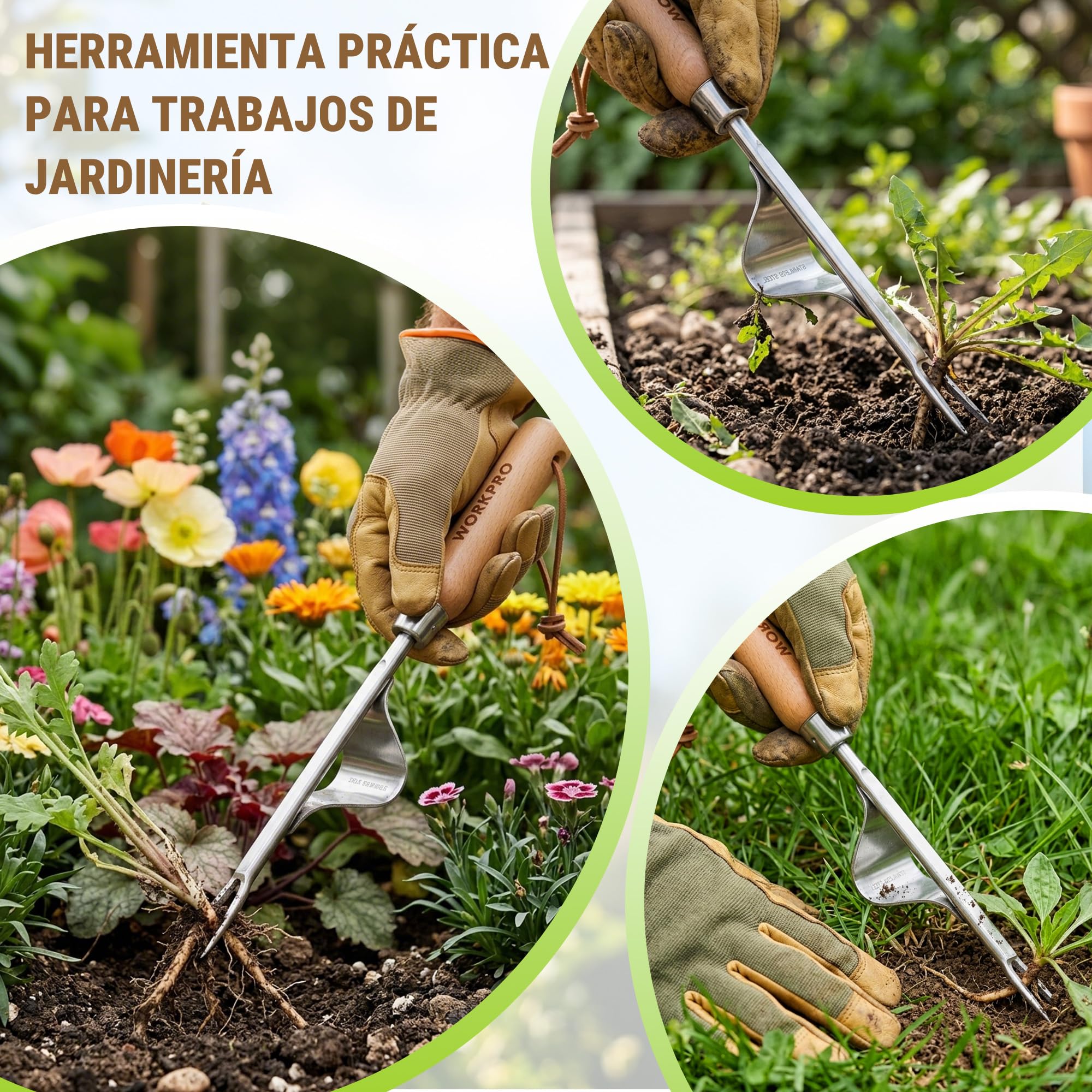 WORKPRO Desherbador Manual de Acero Inoxidable, Extractor de Malas Hierbas con Mango de Madera Ergonómico, Herramienta Quitahierbas para Jardín, para Quitar Dientes de León, Cardos y Otras Malezas