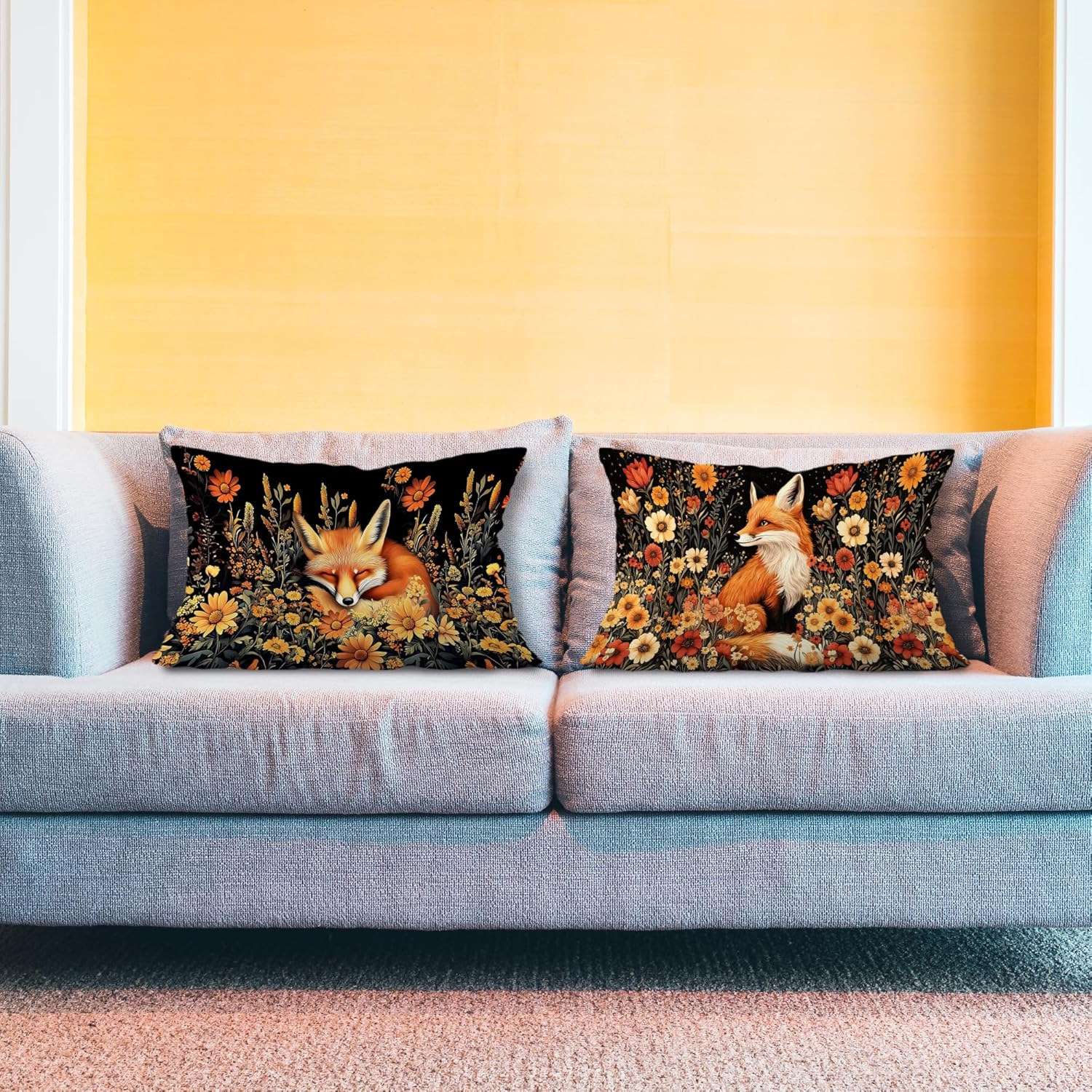 Vintage Moody Floral Fox Pillow Covers 12x20 Set of 2, Dark Cottagecore Botanical Wildflower Forest Fox Decorative Lumbar Pillow Covers for Home Bedroom Living Room - Image 3