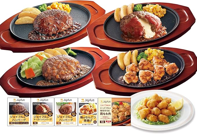 Amazon ジョイフル プレミアム 詰合せ セット 5種16袋入り ハンバーグ 120g てりやき ソース ペッパー 付き3個 オニオン ソース付き3個 チーズ インハンバーグ トマト ソース付き4個 味付け 生 鶏もも肉 300g 3袋 鶏 の なんこつ 唐揚 120ｇ 3袋 冷凍