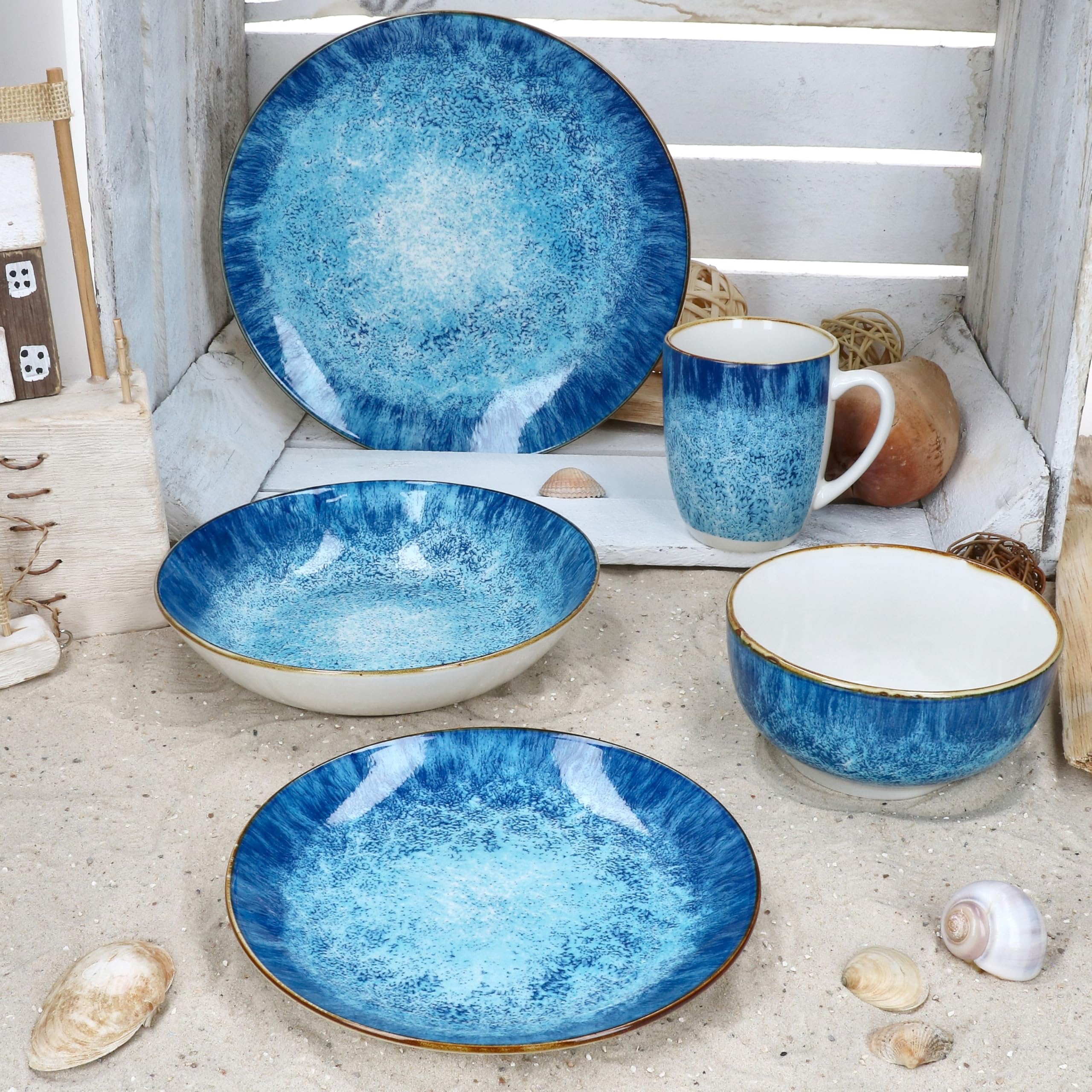 MamboCat Marina 12tlg Tafelservice I blaues Porzellan-Geschirr mit maritimem Design für 6 Personen I Ozean-Dekor, Gischt I 6x Suppenteller & 6x Speiseteller für Frühstück, Mittag & Abendbrot
