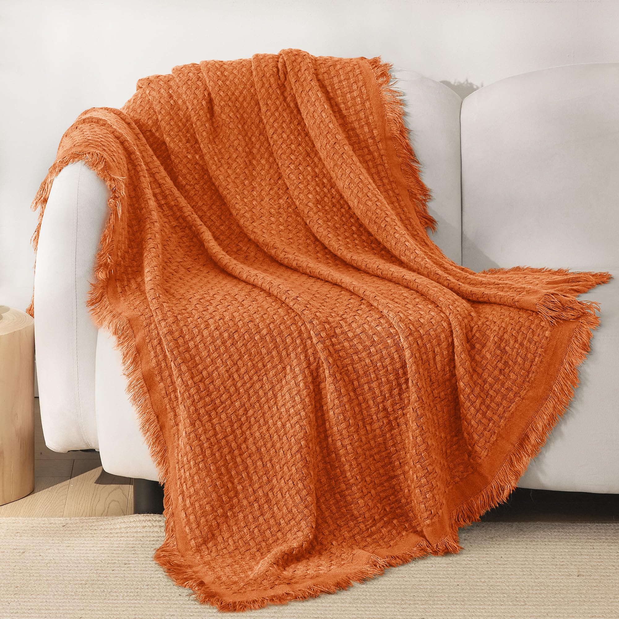Exclusivo Mezcla Knit Throw Blanket with Fringes for Sofa, Burnt Orange โ image 1