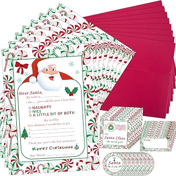 Watayo 40 PCS Official Letter to Santa Kit-8 Set Christmas Fill In The Blank Cards with Red Envelopes & Stickers-5"x 7" Letter To Santa Writing Kit for Christmas Wish List