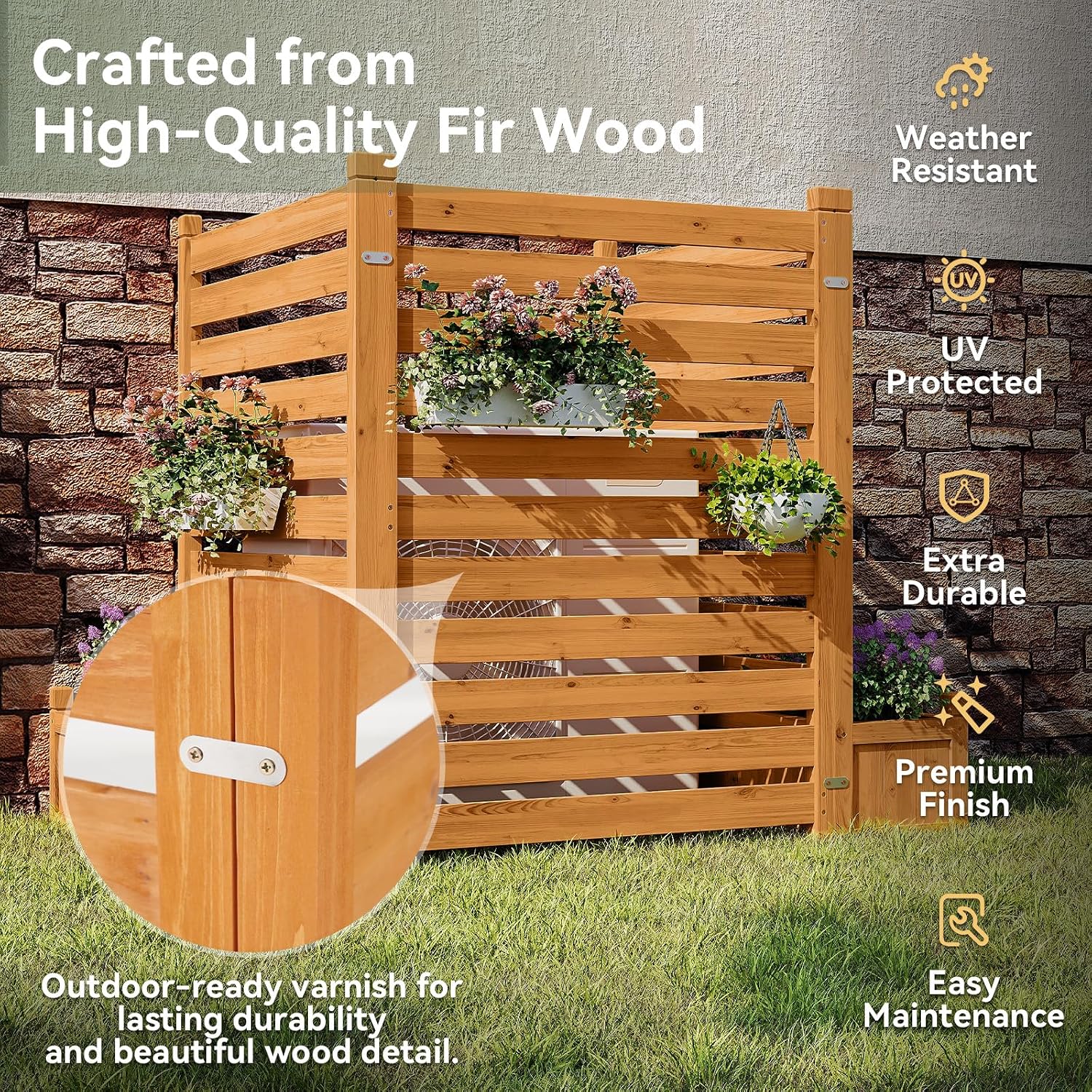 Aoxun Air Conditioner Fence, 3-Panel Outdoor Wood Privacy Screen with Planter Box, 34" W x 45" H Privacy Fence for Air Conditioner, Trash Can, Pool, Patio & Backyard Decor No-Dig Kit