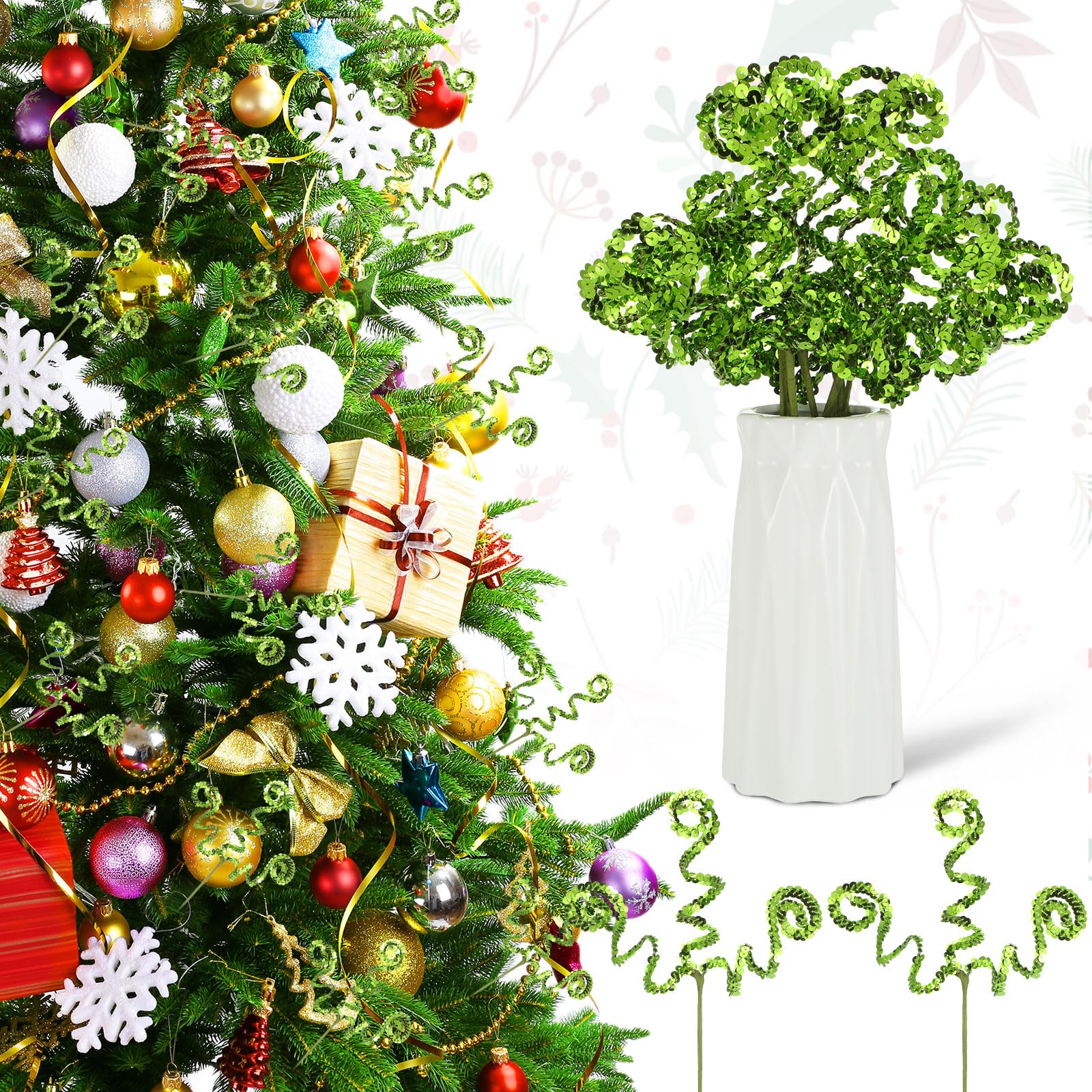 Sliner 20 Pcs Christmas Sequins Curly Pick Ornament 12 Inch Christmas Tree Decoration Candy Shape Christmas Tree Topper Ornament Sprays Spiral Stem for Party Wedding Home Decor DIY Crafts(Green)