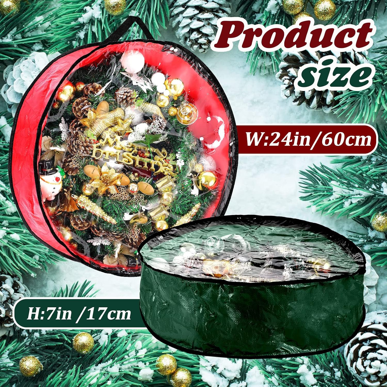 Dunzy 8 Pieces Christmas Wreath Container 24×24×7.8 Inch Wreath Storage Bag Garland Tear Resistant Fabric Round Boxes with Clear Window for Storage Xmas Holiday Ornament(Red, Green)