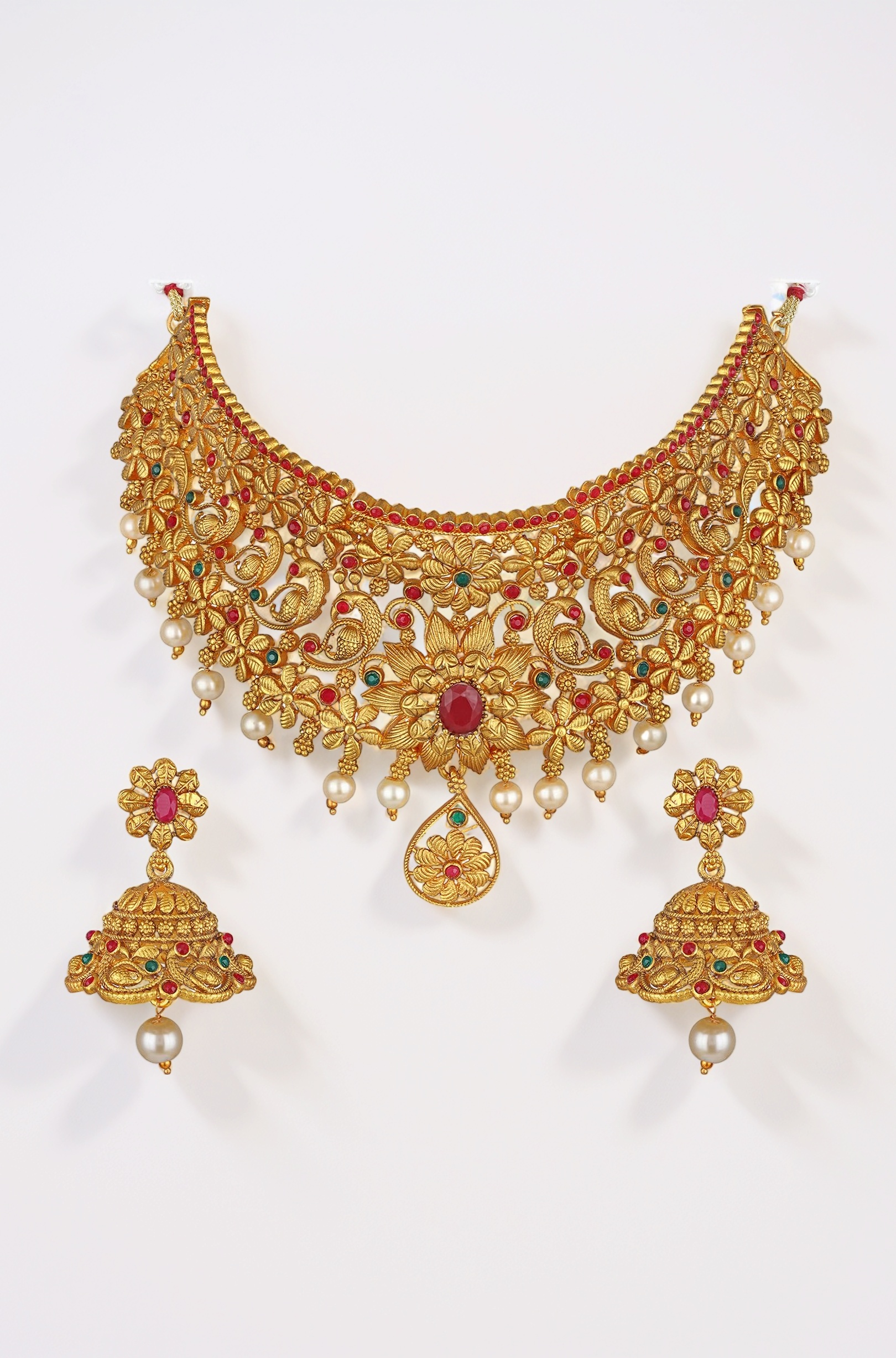 Latest Stylish Design Fancy Pearl Choker Traditional Temple Necklace Jewellery Set for Women (rrsd13868s) (Golden)