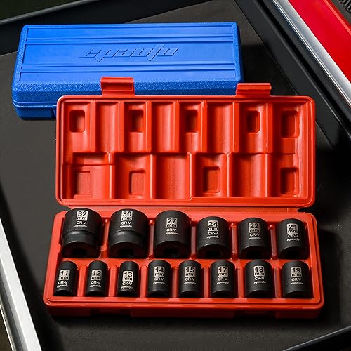 Miniatura 6 de EPAuto Juego de llaves métricas de impacto poco profundo de 12 pulgada, Cr-V, 6 puntos, 14 enchufes